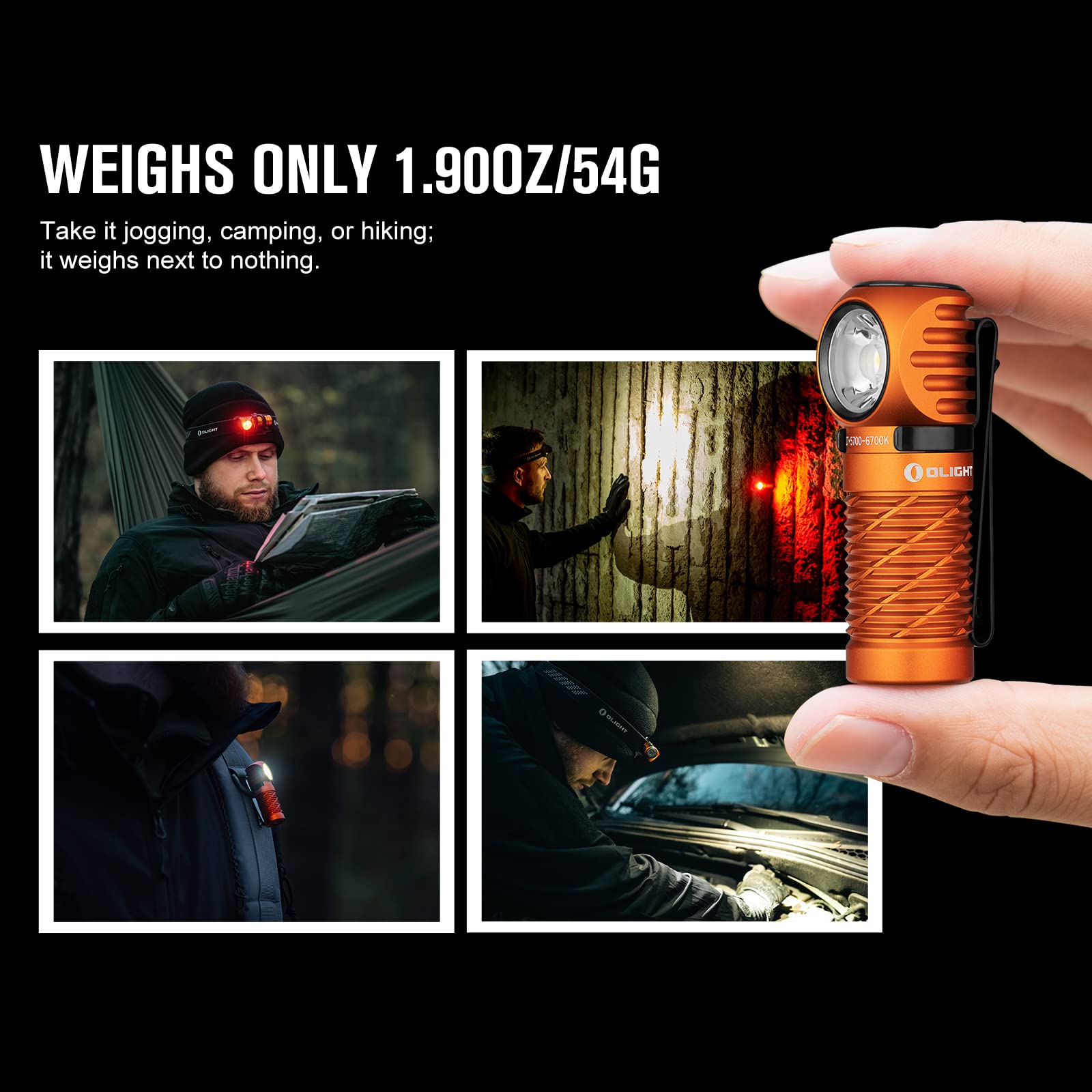 Olight Perun 2 Mini Rechargeable Headlamp - 1100 Lumens White LED & Red Light, Compact Right Angle Flashlight for Camping, Hiking, Running, Working (Orange) | Perfect for Outdoor Adventures, Night Jogging, and Emergency Repairs
