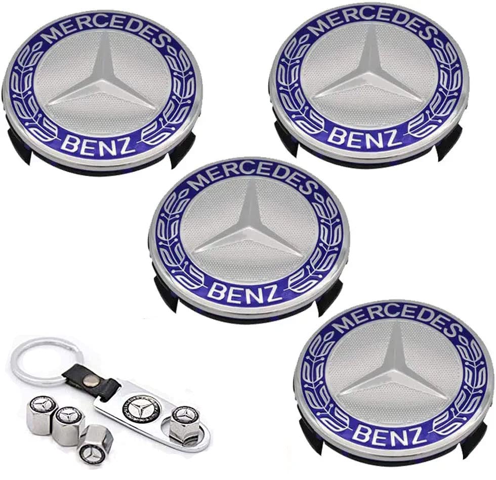 75mm (2.95 inch) Blue Alloy Wheel Center Hub Caps Set - Compatible with Mercedes Benz Vehicles - Includes 4PCS Tire Valve Covers & 1PC Keychain - Perfect for Car Customization & Wheel Protection