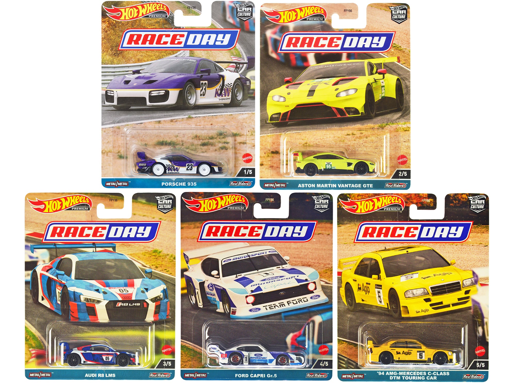 Hot Wheels Race Day 5-Piece Car Culture Series Diecast Model Cars Set - Collectible Toy Cars for Display, Racing Play & Gift Giving