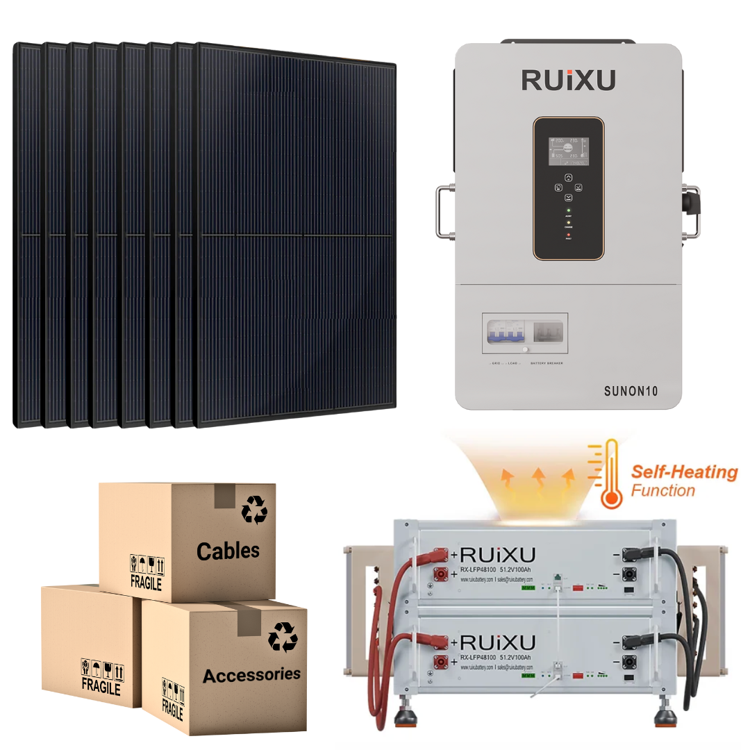 48V Solar Power Kit with Self-Heating Battery (10.24kWh/20.48kWh) + 10kW 120V/240V Hybrid Inverter + 410W Solar Panels | Off-Grid Home Backup, RV & Emergency Power Supply