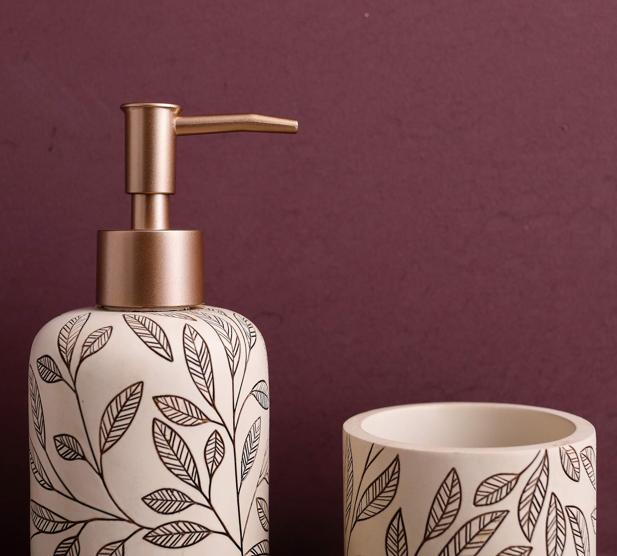Hymmah 4-Piece Farmhouse Bathroom Accessories Set - Resin Toothbrush Holder, Soap Dispenser, Soap Dish & Tumbler | Rustic Apartment Decor Essentials | Perfect for Guest Bathrooms, Small Spaces & Housewarming Gifts