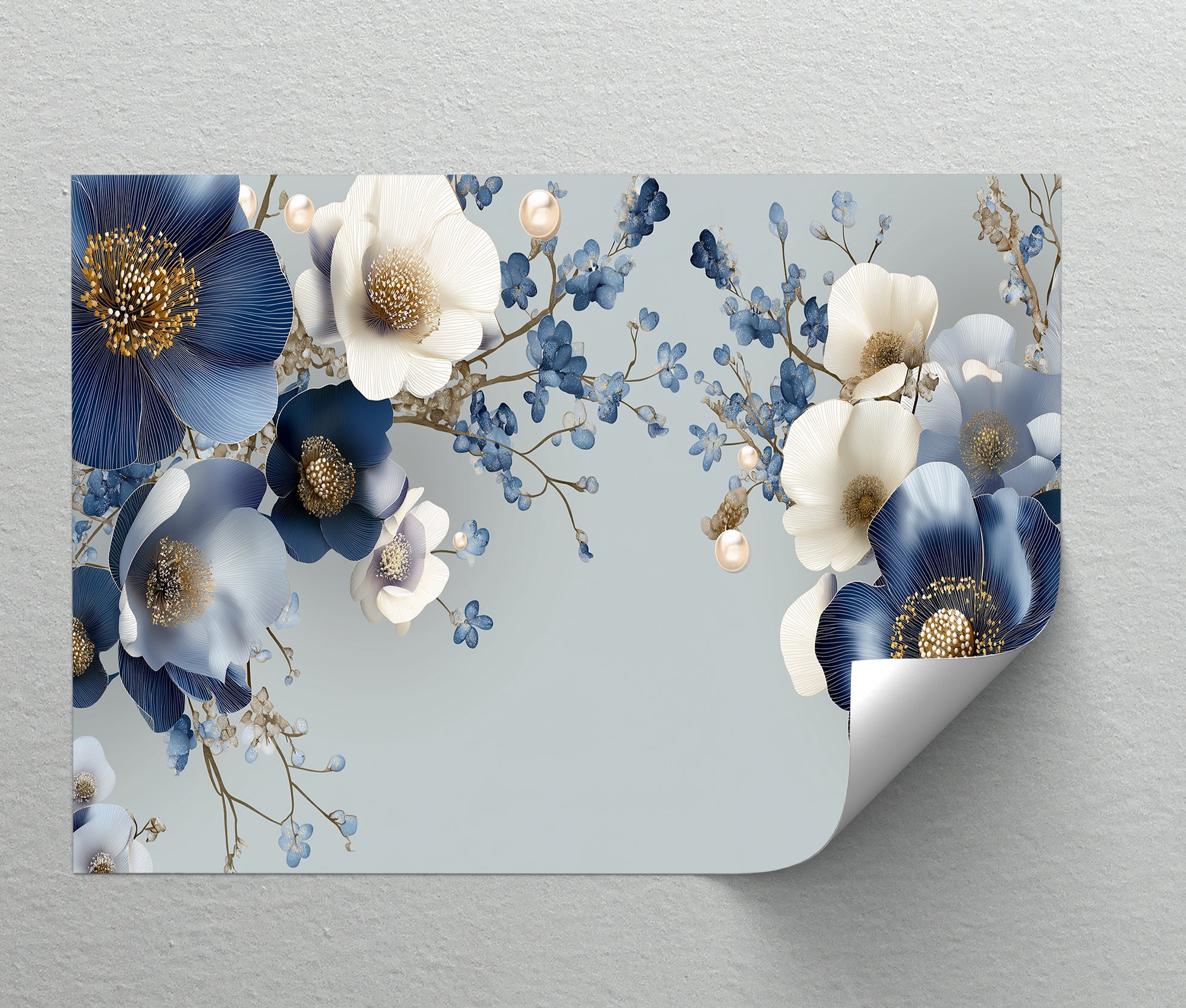 Blue and Ivory Floral Fantasy with Pearls Canvas Wall Art - Elegant Home Decor for Living Room, Bedroom & Office