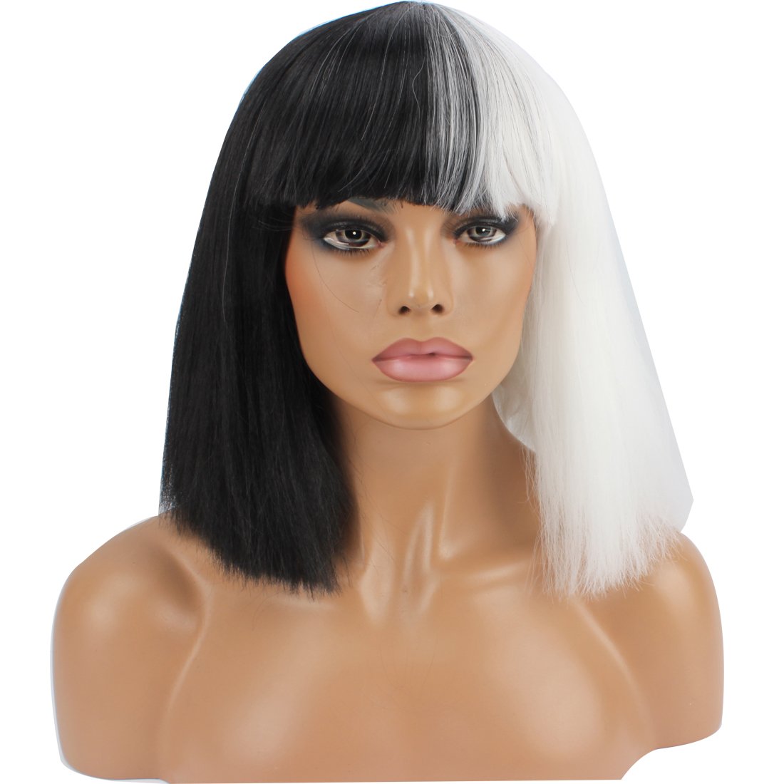 Halloween Wigs for Women - Short Bob Kinky Straight Synthetic Wig with Full Bangs in Black & White | Perfect for Cosplay, Costume Parties & Halloween Events