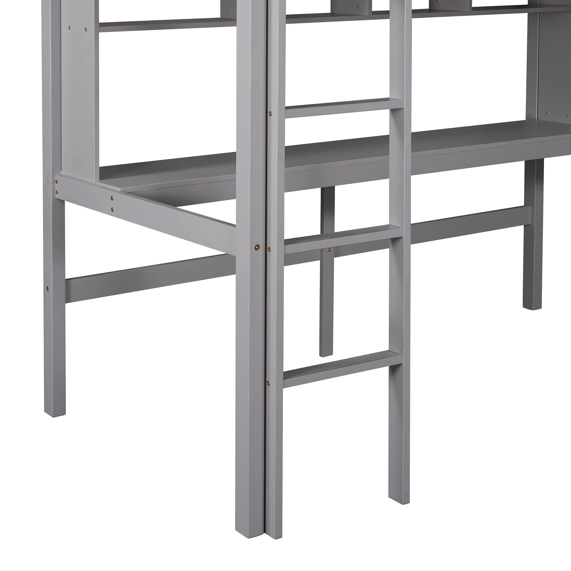 **Wooden Loft Bed with Storage Shelves & Under-Bed Desk - Twin Size, Gray - Full-Length Guardrail & Built-in Ladder - Perfect for Kids, Teens & Adults - Space-Saving Bedroom & Dorm Furniture**