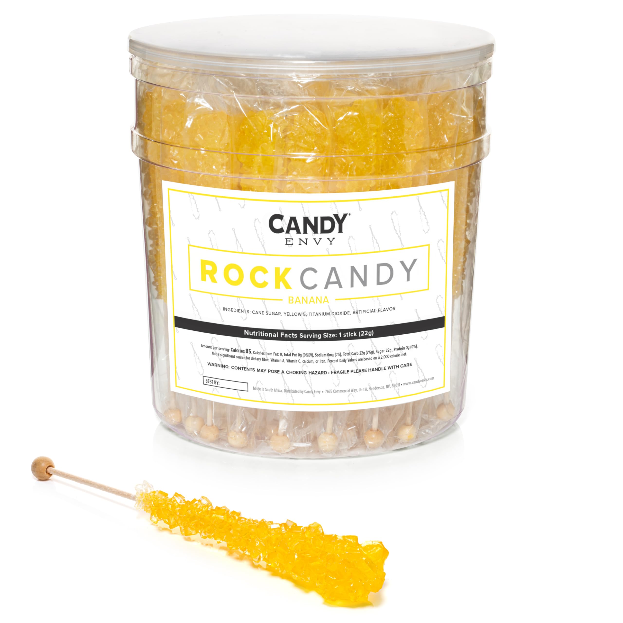 Banana Flavored Yellow Rock Candy Sugar Sticks - 36 Individually Wrapped Pieces - Perfect for Birthday Parties, Baby Showers & Candy Buffets