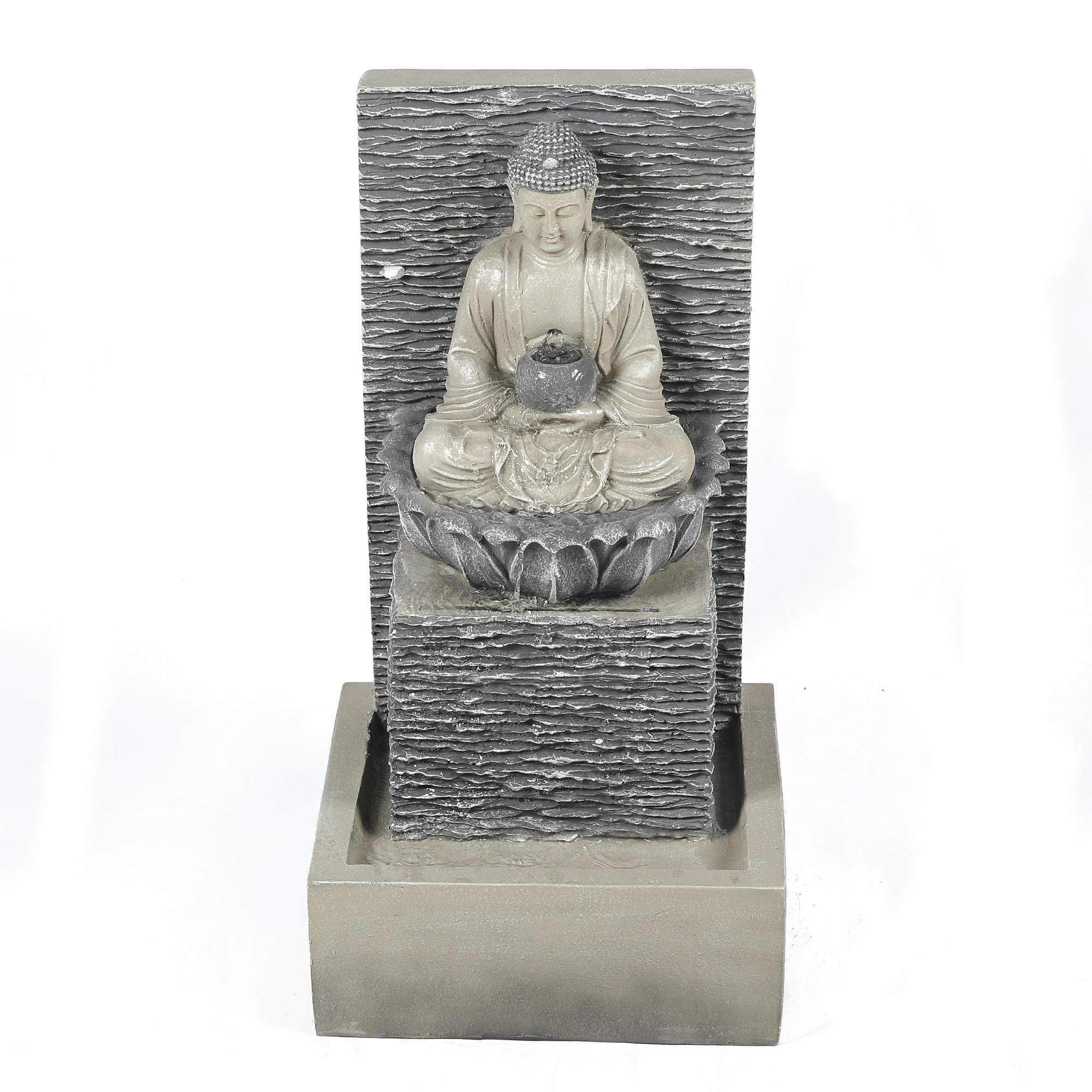 Grey Oriental Polyresin Meditating Buddha on Pedestal Patio Fountain with LED Lights - Zen Garden Decor, Outdoor Water Feature for Relaxation & Meditation Spaces