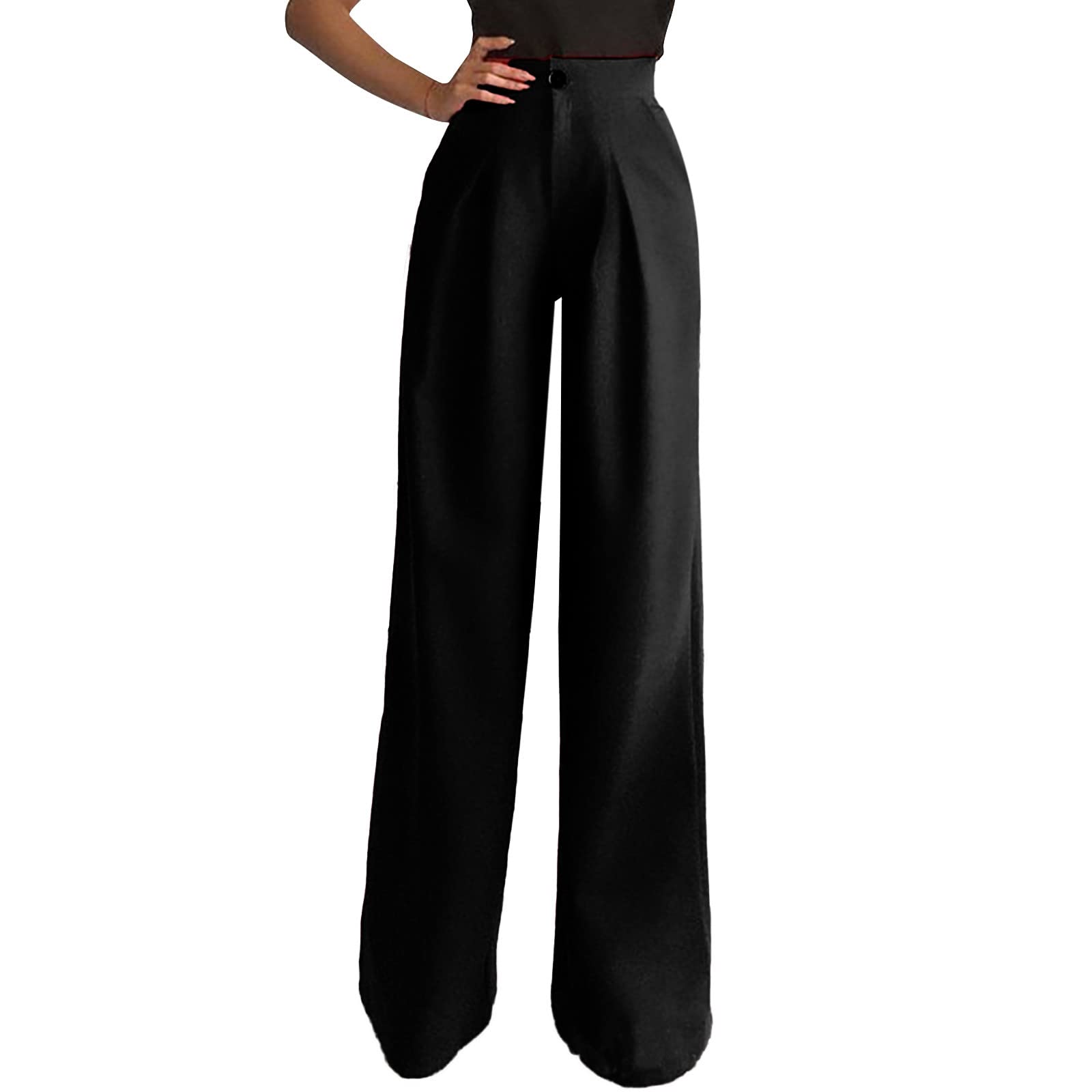 Women's High Waisted Wide Leg Palazzo Pants - Solid Black Casual Flare Trousers for Work, Travel & Lounge Wear
