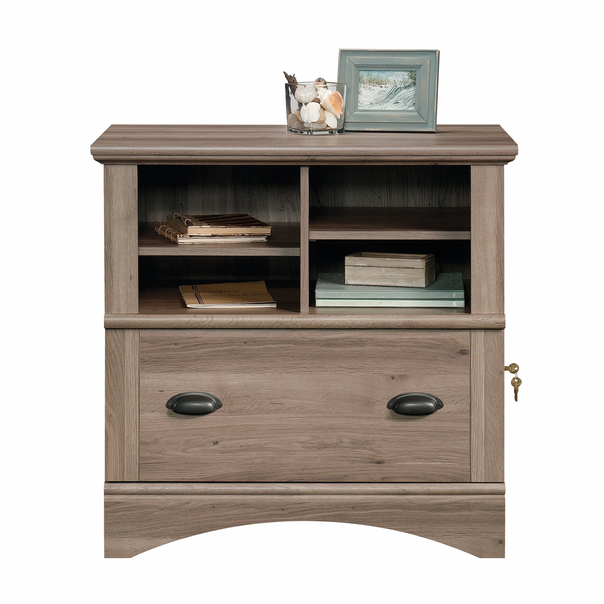 Sauder Harbor View 2-Drawer Lateral File Cabinet with Shelving - Salt Oak Finish for Home Office Organization & Document Storage