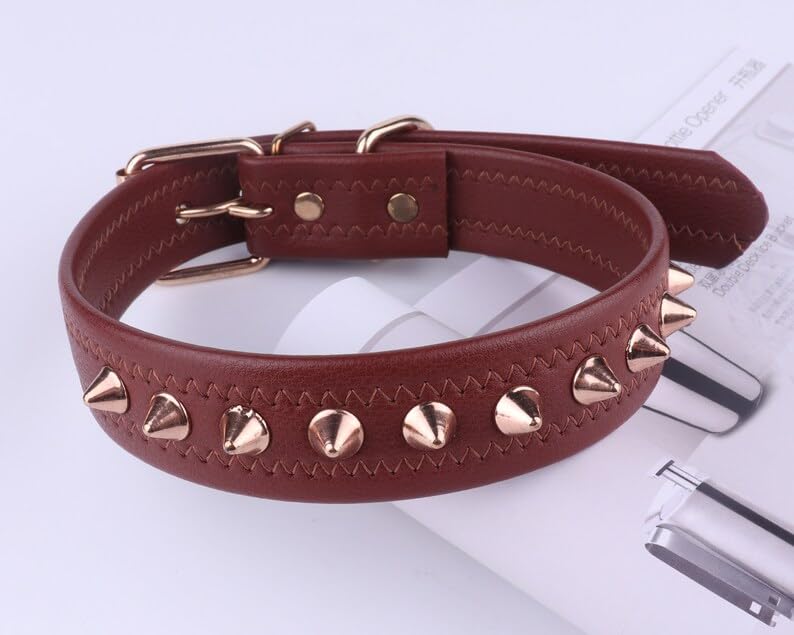 KittuPet Spiked Studded Leather Dog Collar with Mushroom Rivets - Adjustable Small Medium Pet Collar for Dogs & Cats - Durable Brown Leather Puppy & Kitty Collar - Perfect for Daily Walks, Training & Fashion Accessories