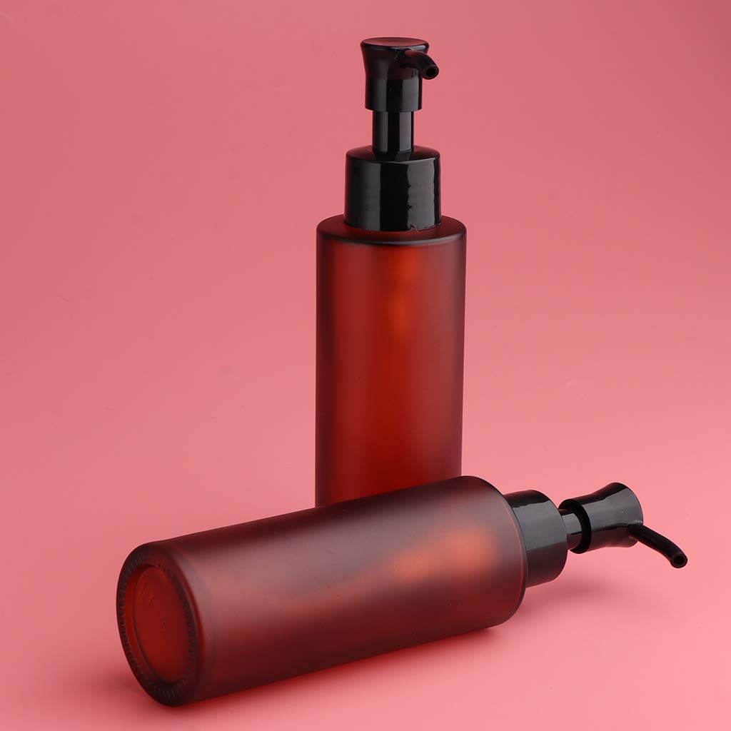 Freneci 2 Pack 100ml Amber Glass Cosmetic Pump Bottles with Long Tip Dispenser - Essential Oil, Lotion & Serum Containers for Travel, Bathroom & Salon Use