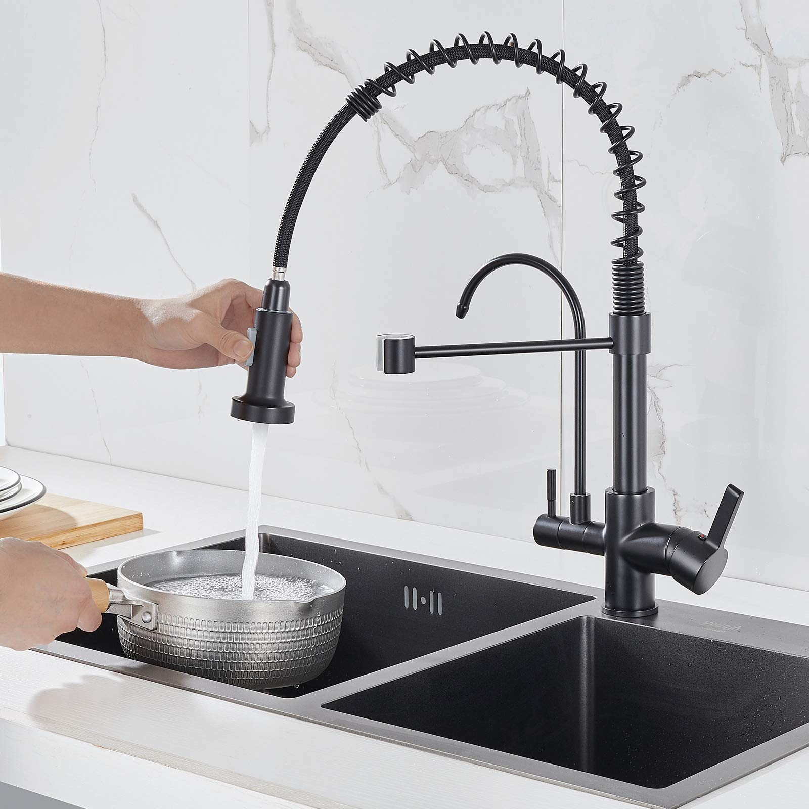 Premium Matte Black Brass Kitchen Faucet - High Arc 3-in-1 Pull Down Sprayer with RO Water Filter System | Commercial Grade for Modern Home & Restaurant Use