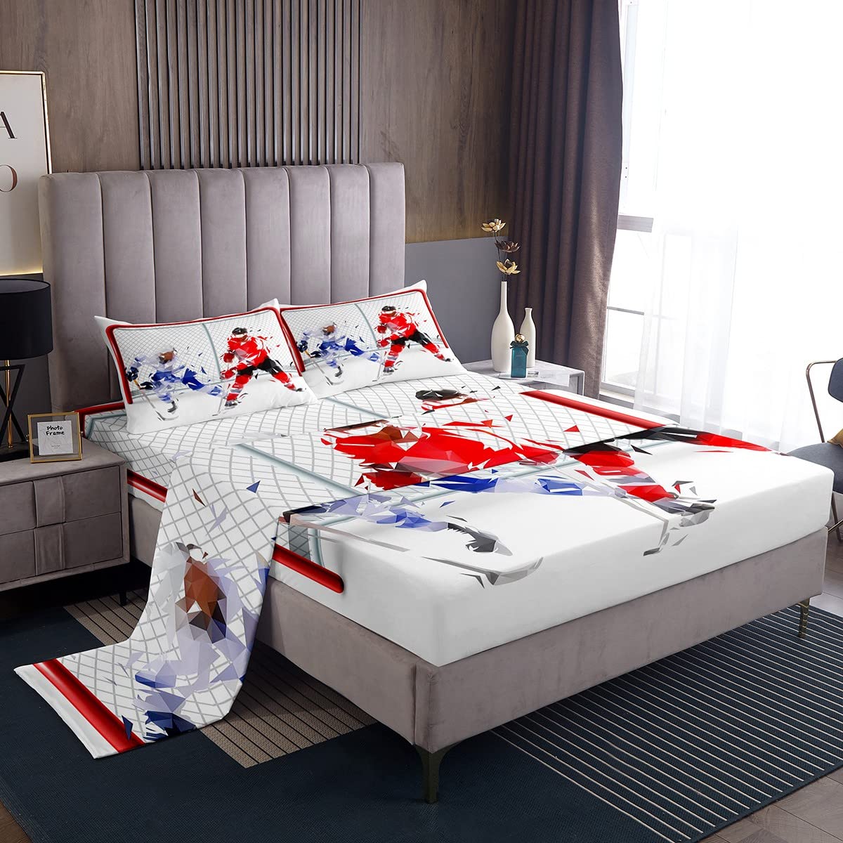 Erosebridal 3-Piece Twin Hockey Bed Sheet Set for Kids, Boys & Teens - Soft Breathable Microfiber with 3D Hockey Ball Design - Includes Fitted Sheet, Flat Sheet & Pillowcases - Perfect for Ice Hockey Fans' Bedroom Decor & Sports Themed Rooms