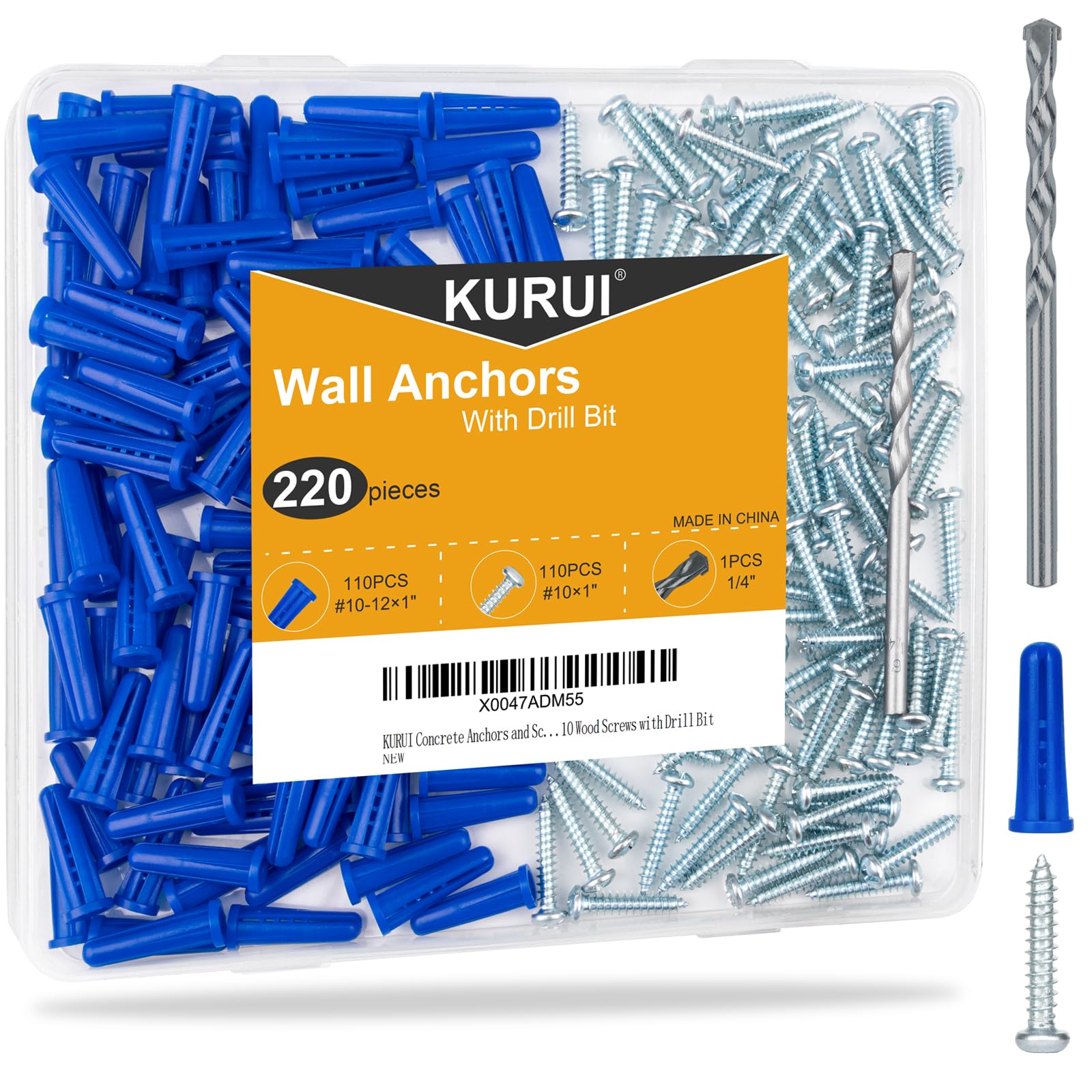 KURUI #10-12 Wall Anchors and Screws Kit - 220PCs Heavy Duty Drywall Anchors for Brick, Masonry, Stucco & Concrete - Includes 110 Plastic Concrete Anchors & 110 Wood Screws - Perfect for Hanging Pictures, Curtain Rods & Shelves