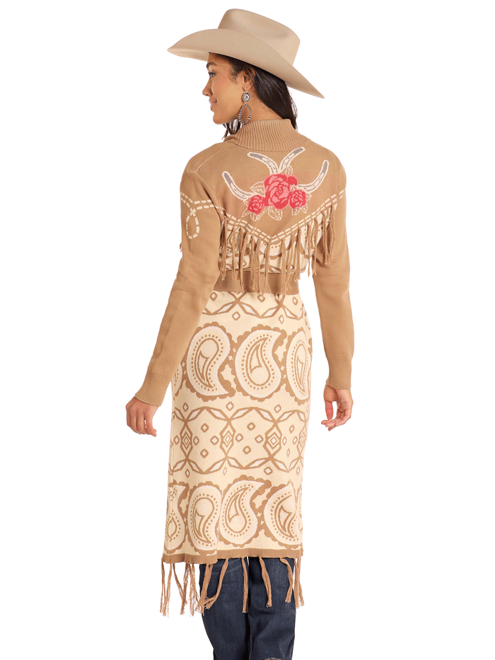 Panhandle LW95T04627 Women's Fringe Trim Sweater Duster Cardigan - Taupe Tan | Boho Chic Outerwear for Fall & Winter | Perfect for Casual Outings, Office Wear & Layering