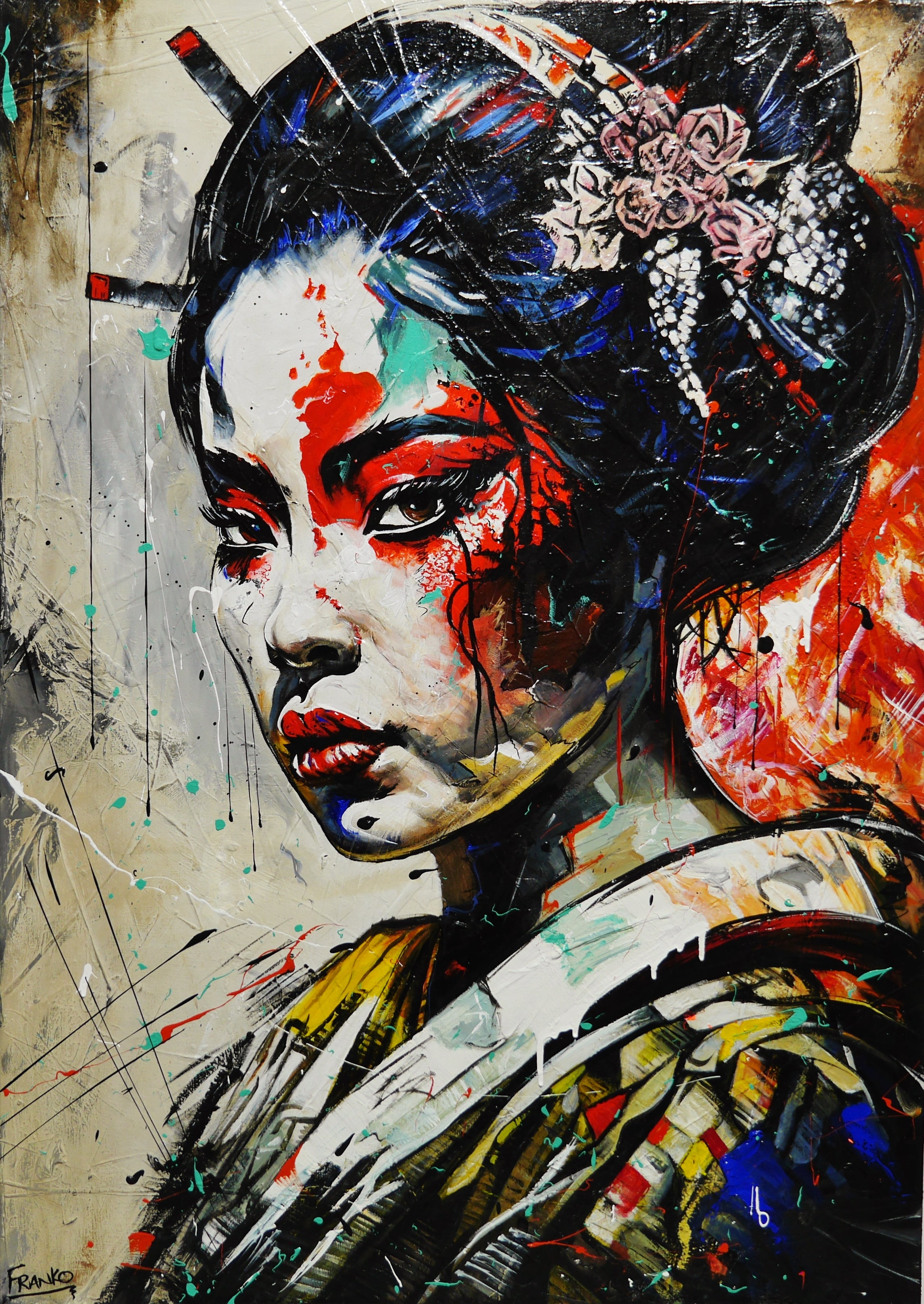140cm x 100cm Framed Mulan Warrior Abstract Realism Art Painting - Acrylic Textured Varnished Canvas in Oak Frame - Perfect for Living Room, Bedroom or Office Wall Decor