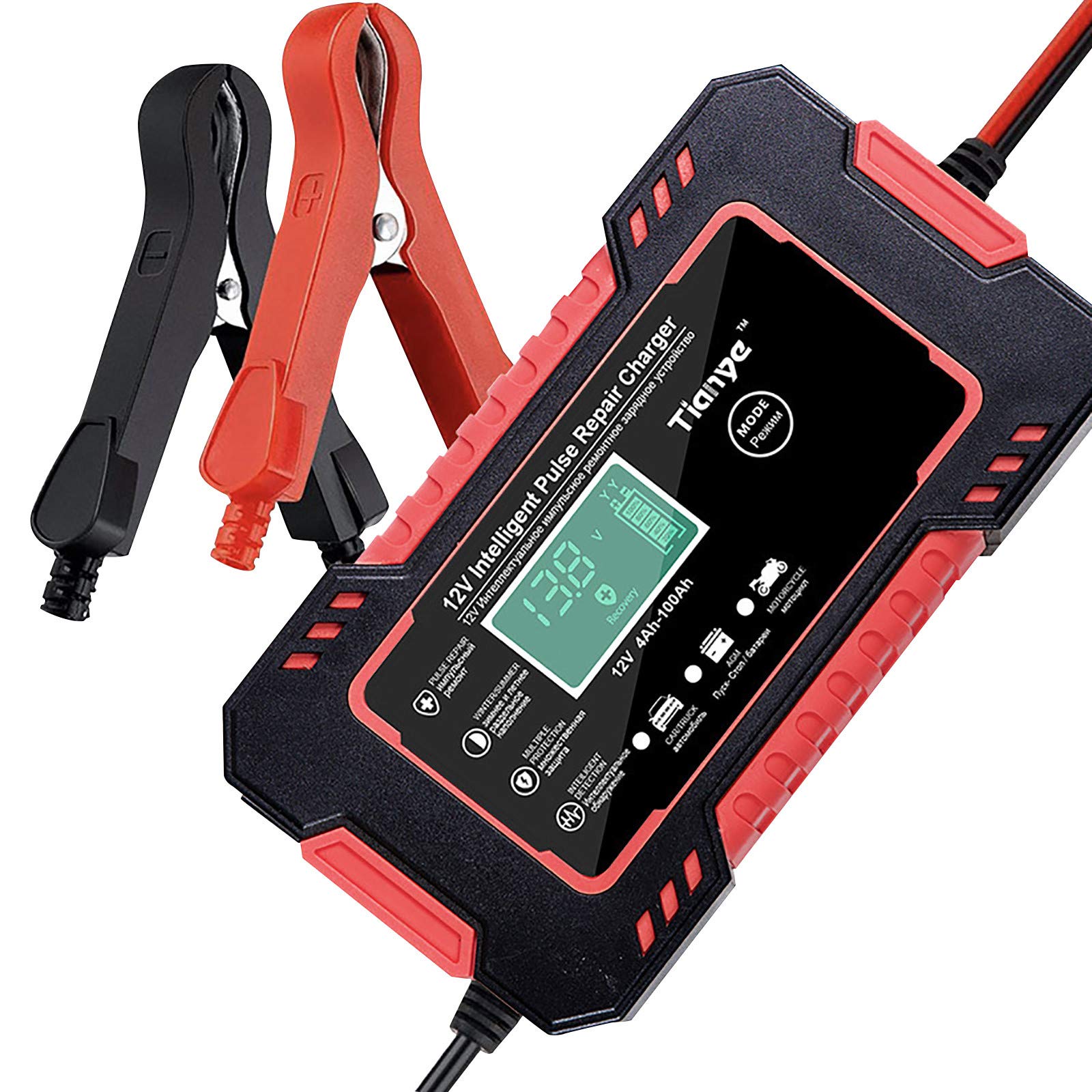 Kangguolai 12V 6A Smart Car Battery Charger & Maintainer with LCD Display - Automatic Repair Charger for Car, Motorcycle, Boat, SUV, Lawn Mower - Perfect for Winter Storage & Emergency Jump Starts (Red, EU Plug)