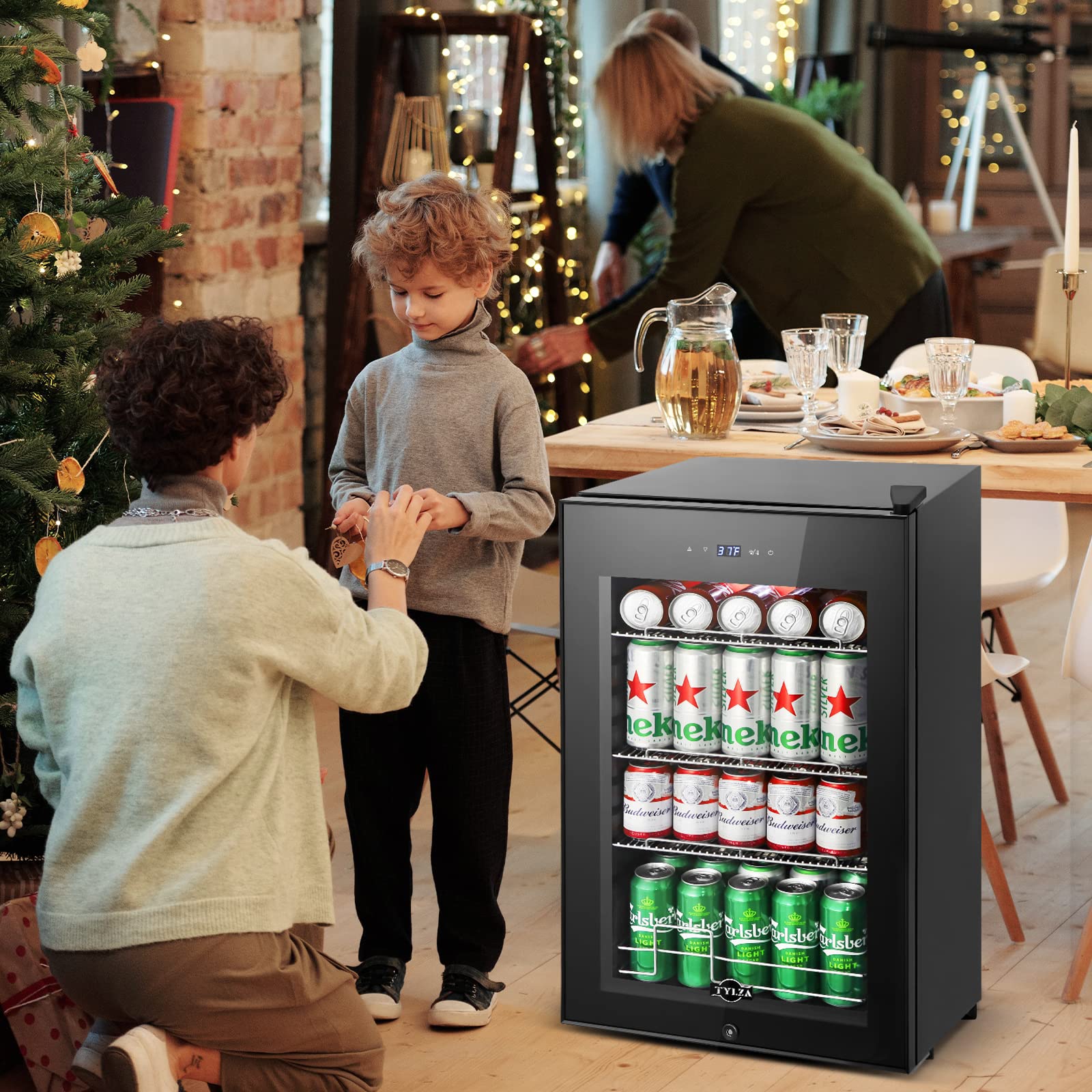 Tylza Mini Beverage Refrigerator - 101 Can Capacity Freestanding Drink Cooler with Glass Door for Soda, Beer, Wine & Water - Compact Mini Fridge with White LED Light for Home, Office, Bar or Dorm Room - Energy Efficient & Quiet Operation
