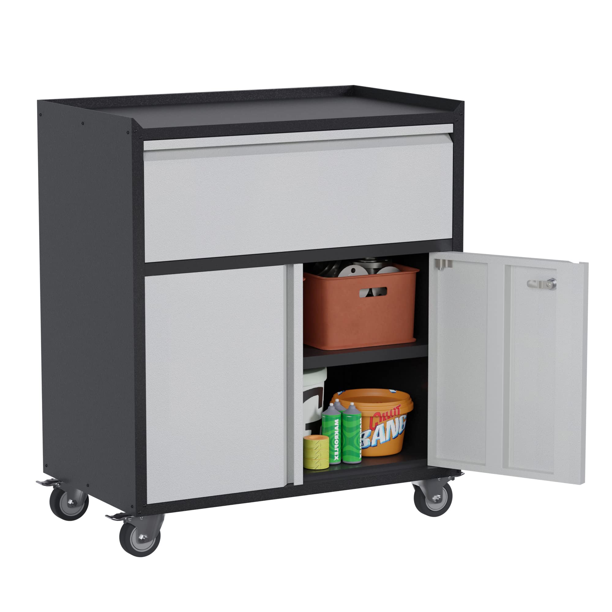 Lockable Rolling Metal Storage Cabinet with Wheels & Adjustable Shelf - Mobile Garage Cabinet for Tools, Home Organization, Basement & Workshop (Easy Assembly, 1 Drawer) - Perfect for Garage Storage, Tool Organization & Clutter-Free Home Spaces