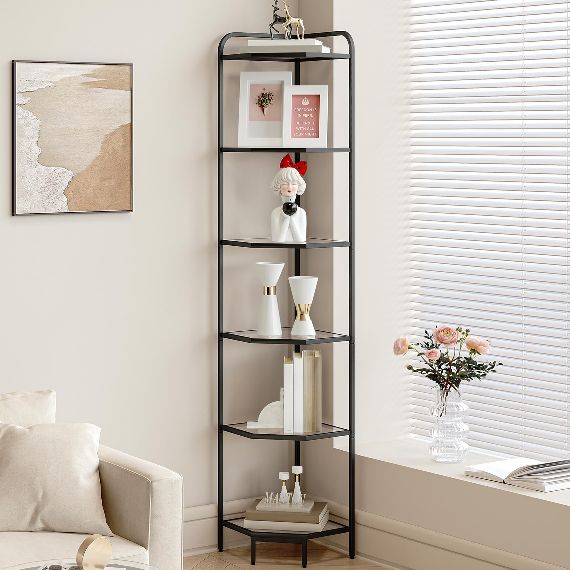 6-Tier Black Corner Shelf Stand - Modern Steel Frame & Tempered Glass Bookcase for Living Room, Bathroom, Kitchen | Space-Saving Organizer for Books, Plants, Bath Essentials & Decor | Perfect for Small Spaces & Home Organization