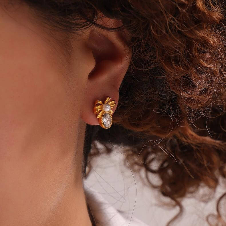 Antique Pearl Bow French Style Stud Earrings for Women - Vintage Gold Plated Jewelry Gift - F1472 | Perfect for Weddings, Parties & Special Occasions
