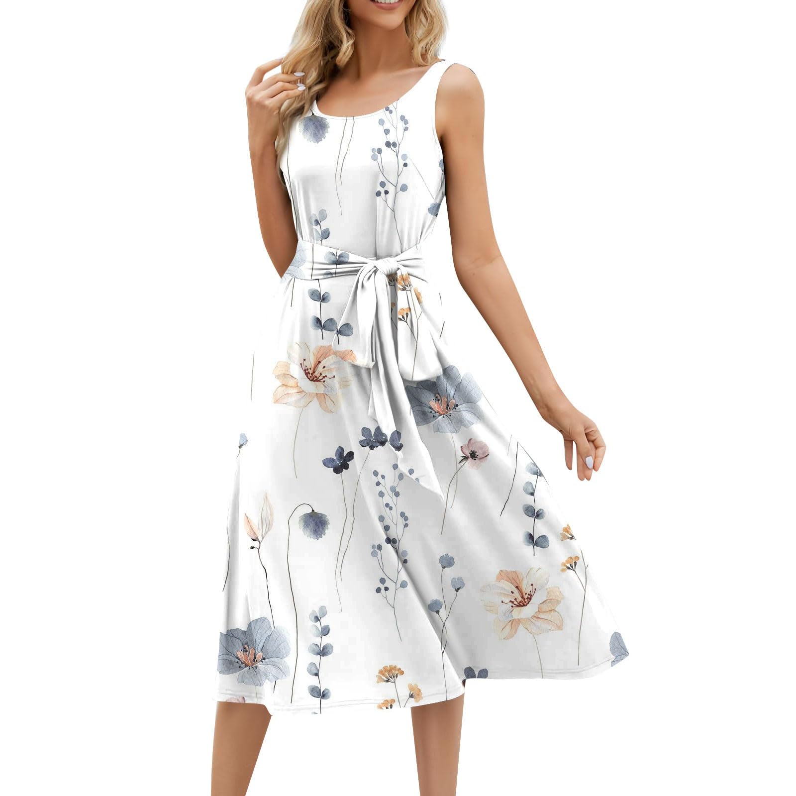 2024 Women's Summer Dresses - Floral Print Casual Sleeveless Waist Tie Long Dress with Pockets | Perfect for Beach Vacation, Outdoor Parties & Date Nights