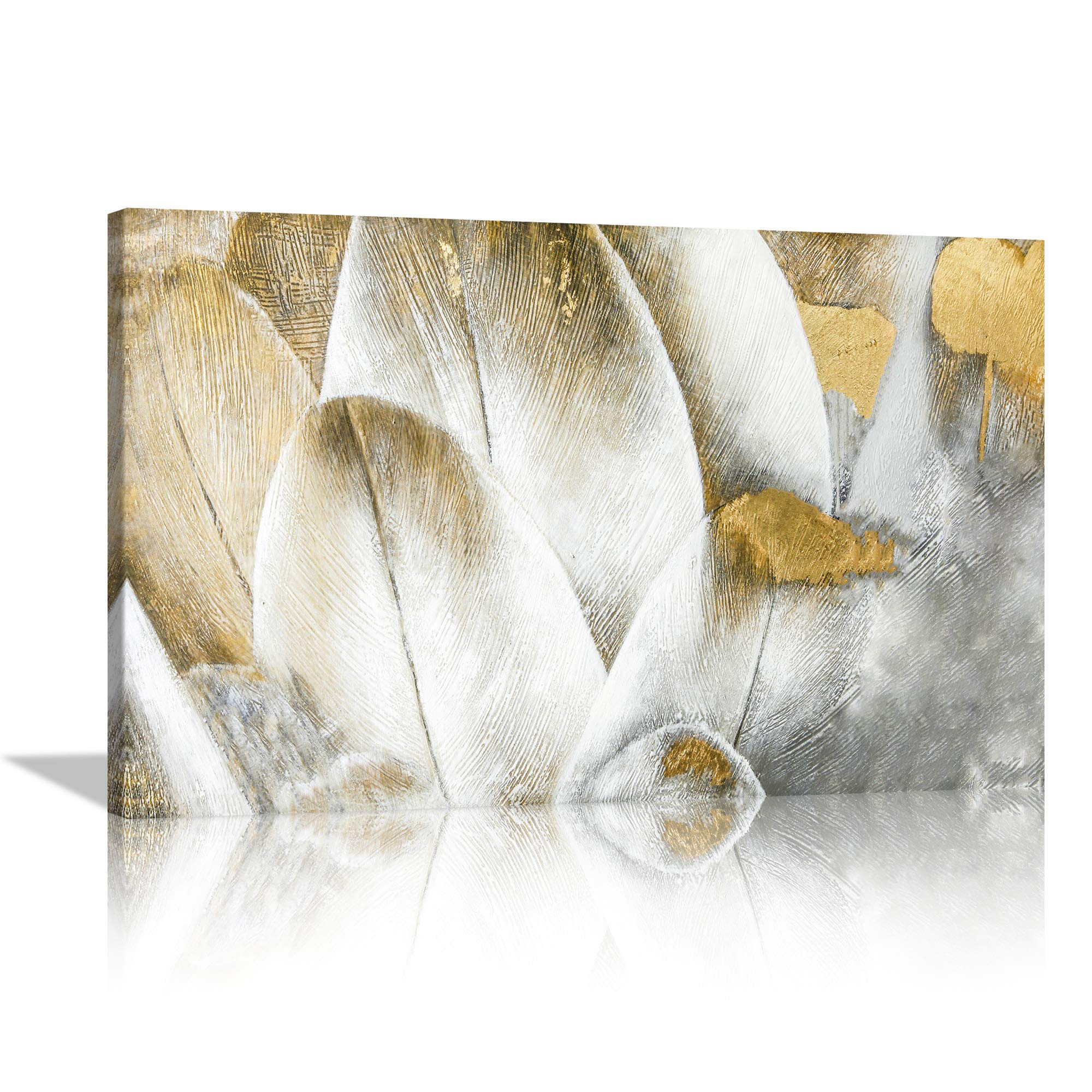 Abstract Gold Feather Wall Art - Grey & White Canvas Painting, Framed Ready to Hang Home Decor for Living Room & Bedroom | Modern Feather Poster Artwork for Housewarming Gift & Interior Design