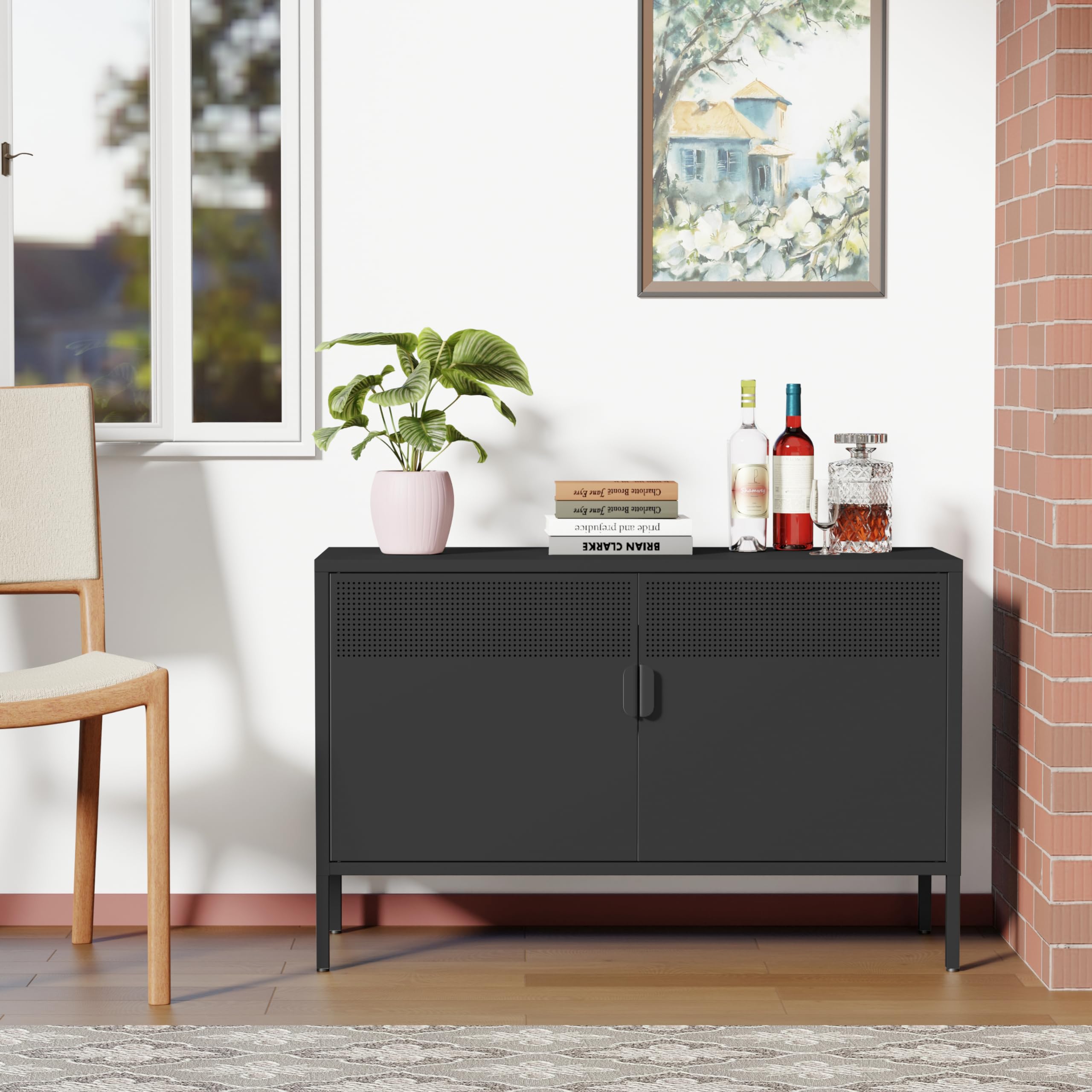Black Wide Metal Locker Storage Cabinet - 2 Door Industrial Style Cabinet for Home & Office Organization - 2 Tier Low Profile Metal Cabinet with Adjustable Shelf - Multipurpose TV Stand, Entryway Storage & Closet Organizer - Perfect for Living Room, Bedroom, Office or Garage Storage Solutions