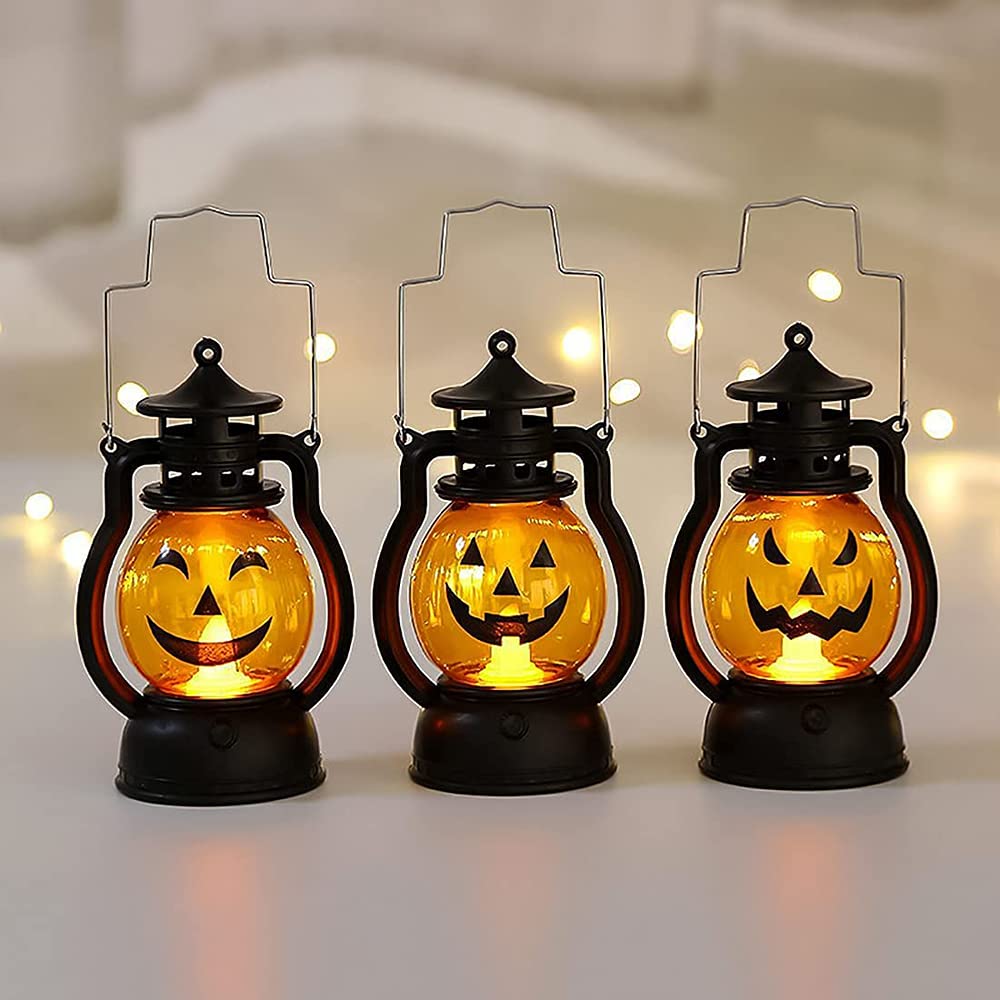 Halloween Pumpkin LED Lights - Portable Mini Lanterns for Night Light, Holiday Decorations, Party & Bar Lighting - Creative Oil Lamp Props (Set of 3) - Perfect for Halloween Parties, Home Decor & Spooky Nighttime Ambiance