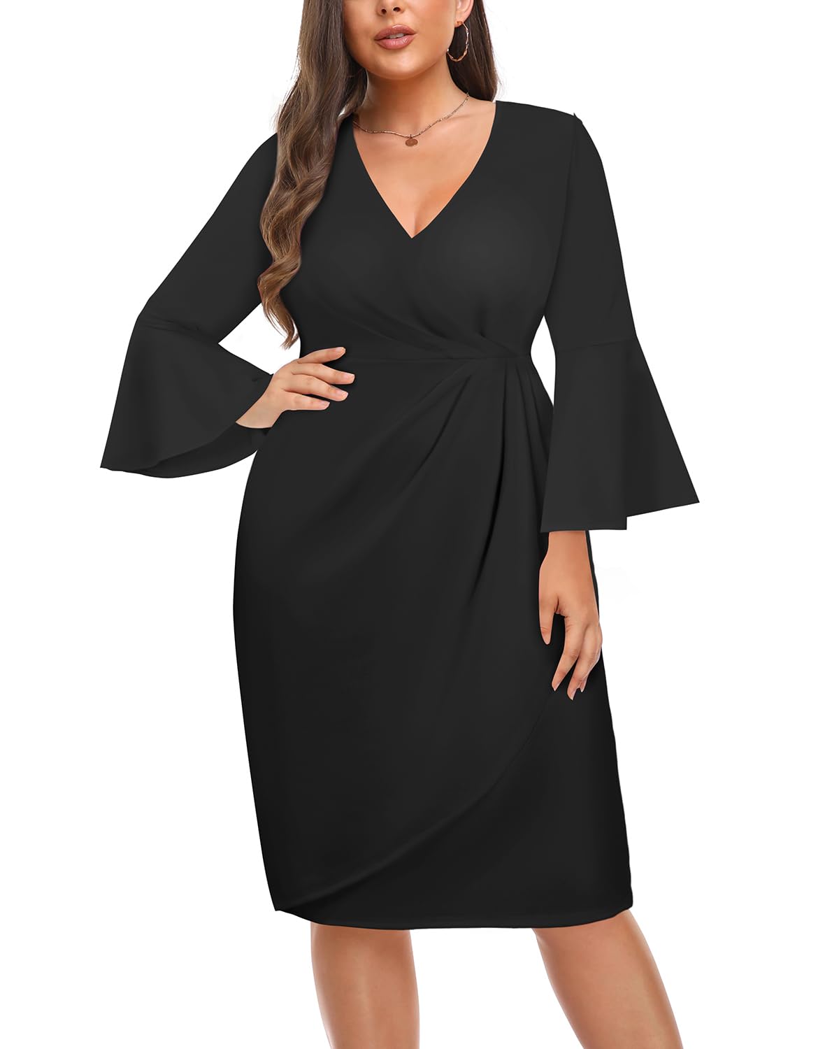 Plus Size Women's Work Dress - V Neck Bell Sleeve Semi-Formal Dress for Wedding Guest, Church, Business Office & Interview | Professional & Elegant Attire for Workwear & Special Occasions