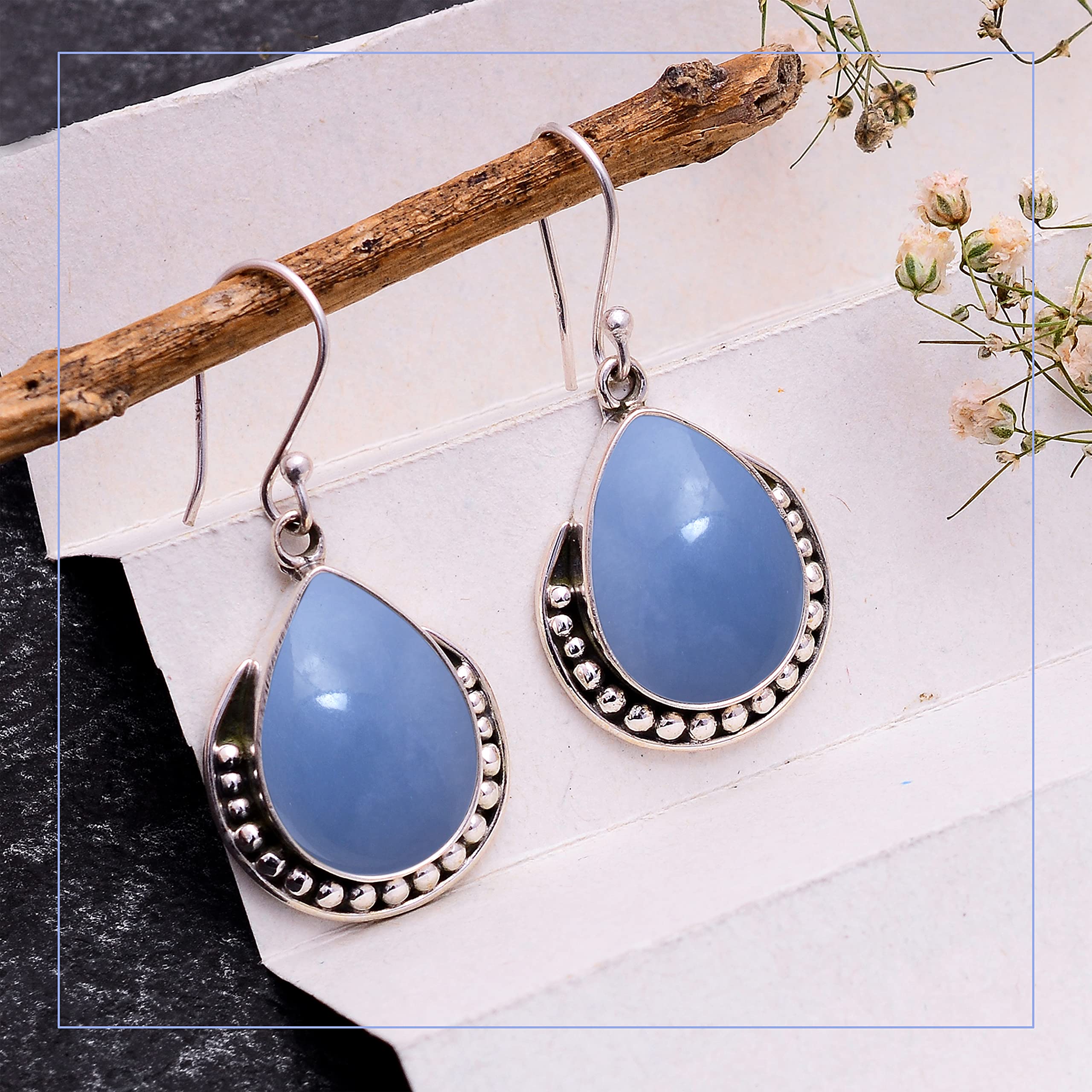 Veracity Jewelry Angelite Earrings for Women - 925 Sterling Silver Blue Gemstone Dangle Earrings - Handmade Angelite Healing Jewelry for Inner Peace & Spiritual Balance | Perfect for Meditation, Yoga & Everyday Wear