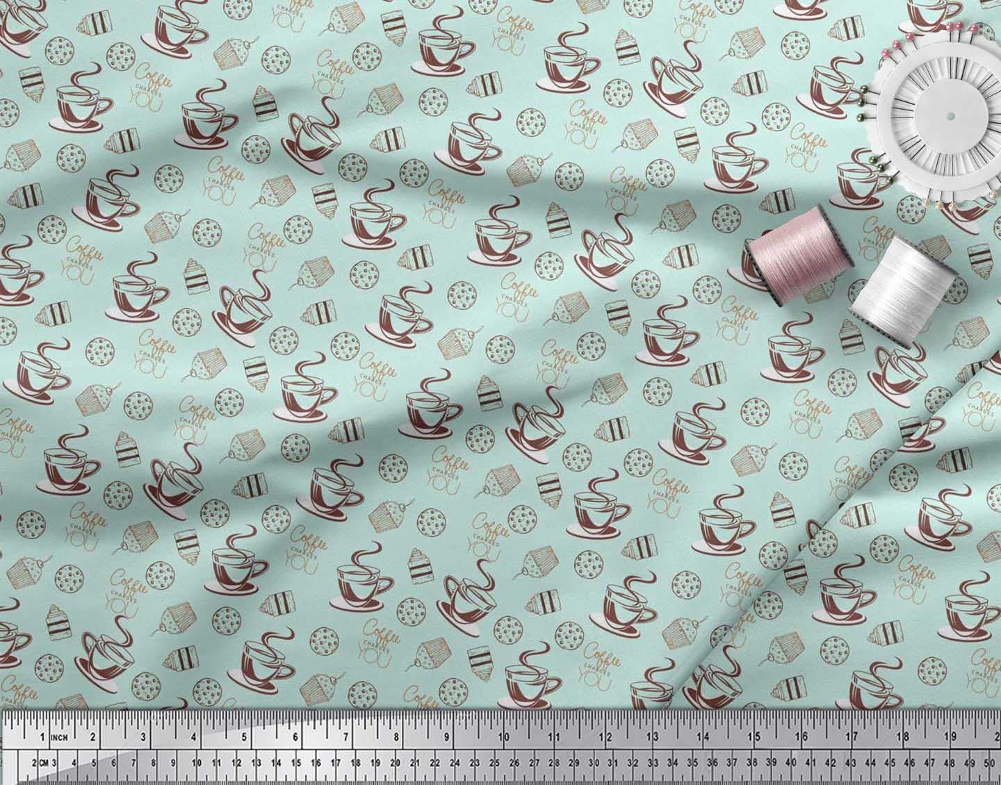 Soimoi Poly Georgette Green Fabric by The Yard - 42 Inch Wide - Coffee, Cookies & Cupcake Print Textile - Sweet Floral Pattern Fabric for Dresses, Curtains & DIY Crafts - Soft & Lightweight Material for Fashion & Home Decor