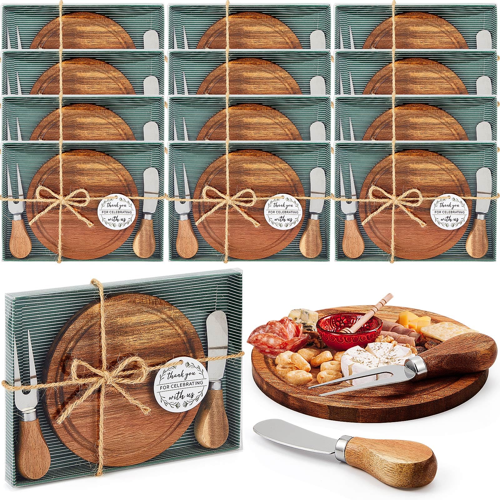 Maxcheck 12-Piece Acacia Wood Mini Charcuterie Board Set with Knives & Forks - Wedding Party Cheese Platter for Bridal Showers, Baby Showers & Hostess Gifts - Includes Thank You Tags & Gift Box for Guests