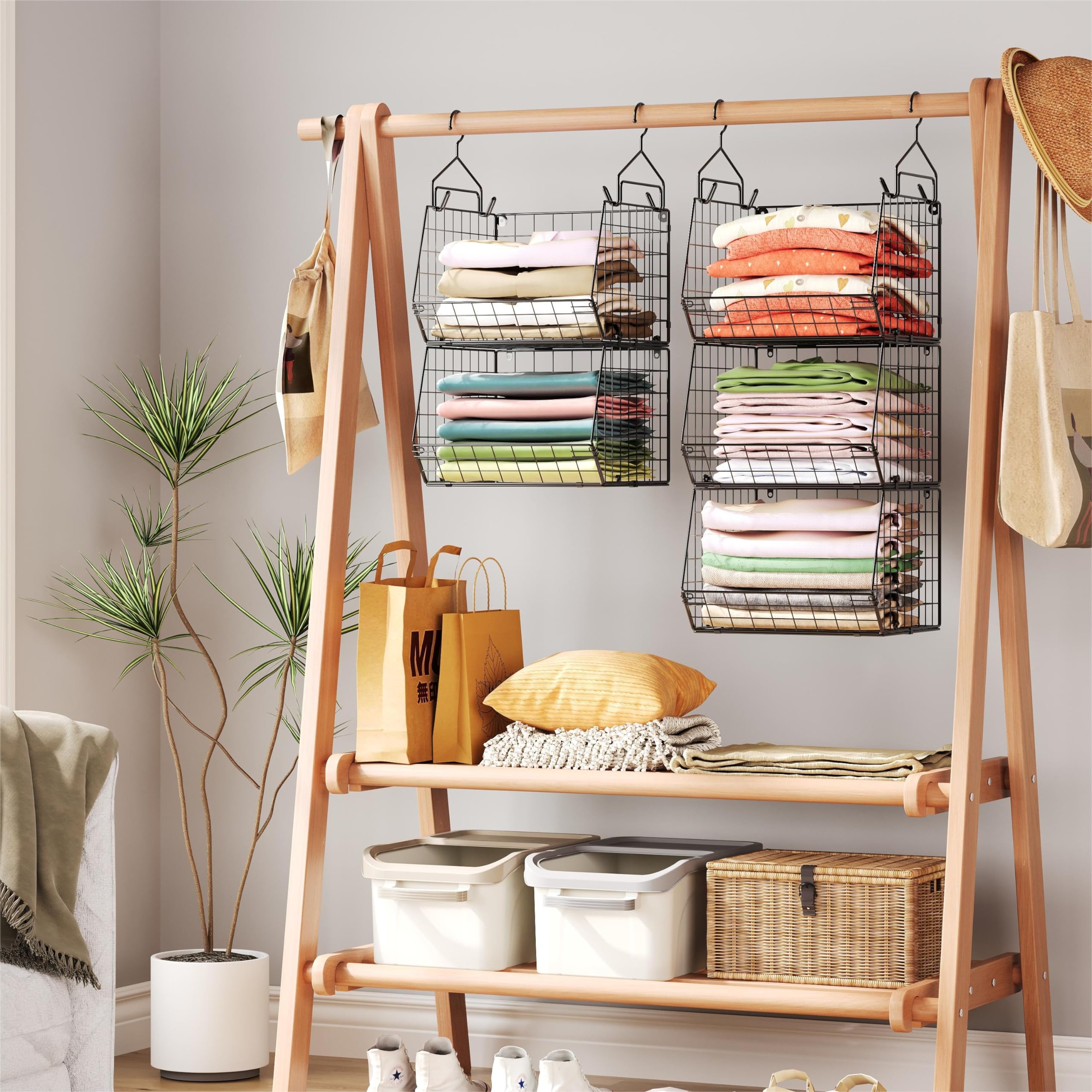 5-Tier Closet Hanging Organizer with 4 Hooks & 5 S-Hooks - Wire Storage Baskets for Clothes, Sweaters, Shoes, Handbags & Accessories - Space-Saving Wardrobe Organizer for Bedroom, Closet & Dorm Storage