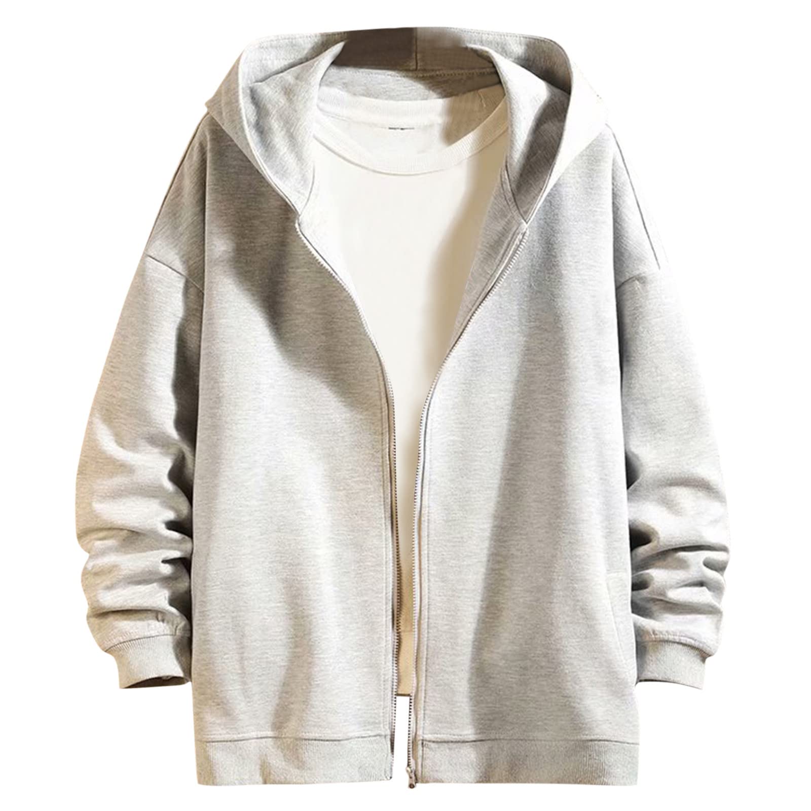 Men's Winter Casual Hooded Coat - Solid Color Rib Sleeve Zipper Jacket with Pockets | Warm Long Sleeve Outerwear for Daily Wear & Outdoor Activities