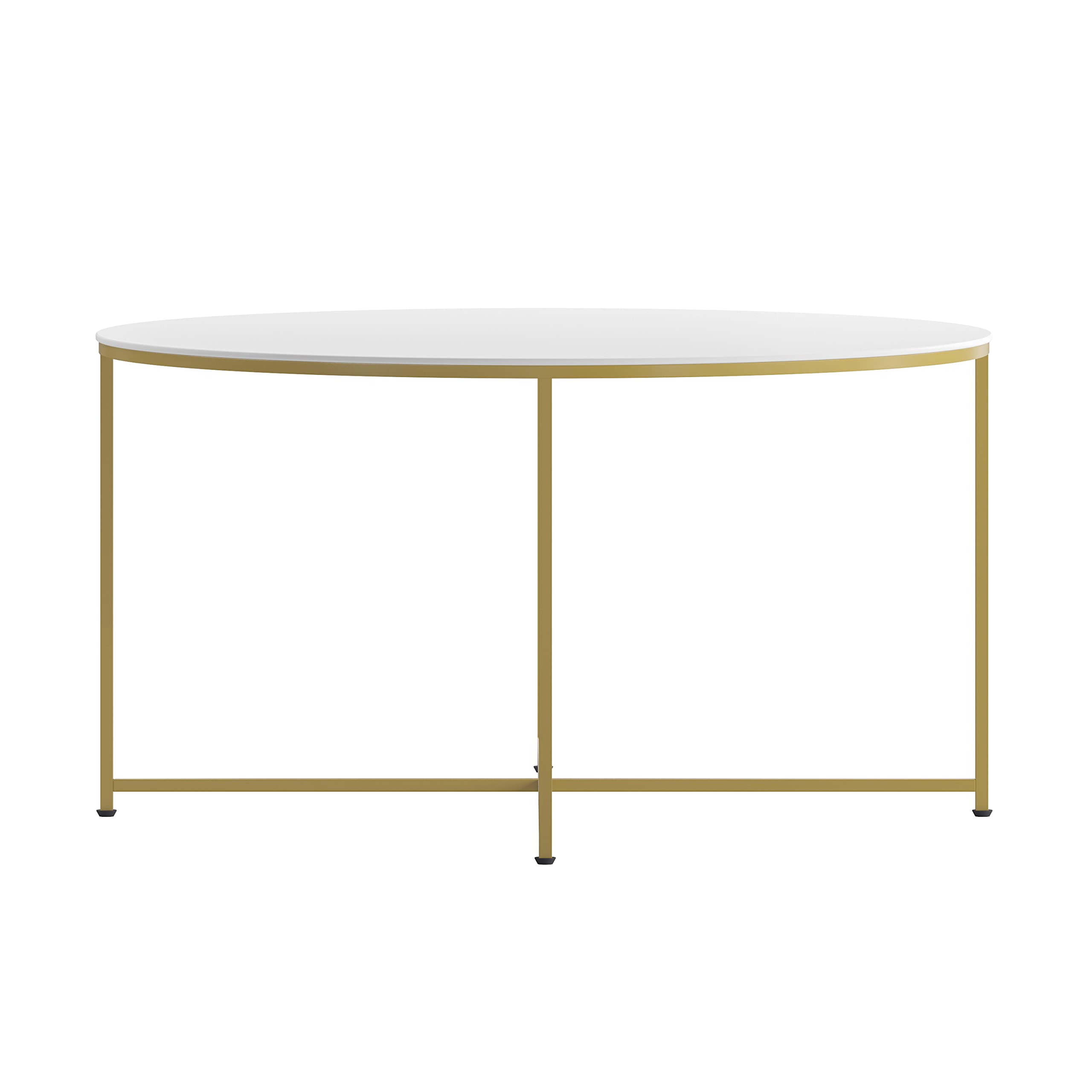 Modern White Finish Coffee Table with Crisscross Brushed Gold Frame - Hampstead Collection - Stylish Living Room Furniture for Home Decor & Entertaining