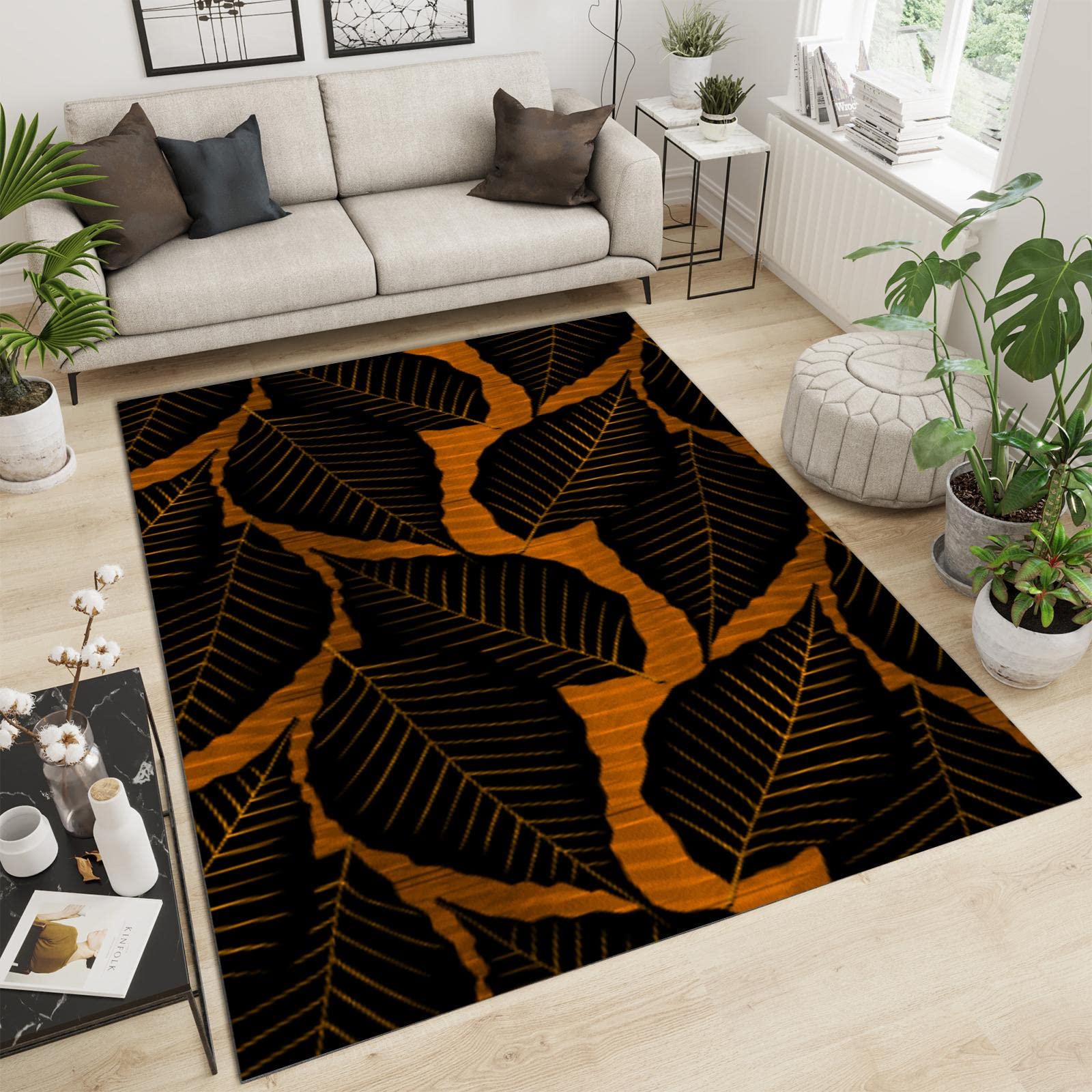 Black Orange Leaves Area Rug - Modern Minimalist Flannel Soft Washable Rug with Non-Slip Rubber Backing for Living Room, Bedroom, Office, Entryway - 5.3 x 6.6ft - Perfect for Home Decor, Floor Protection & Cozy Interior Design