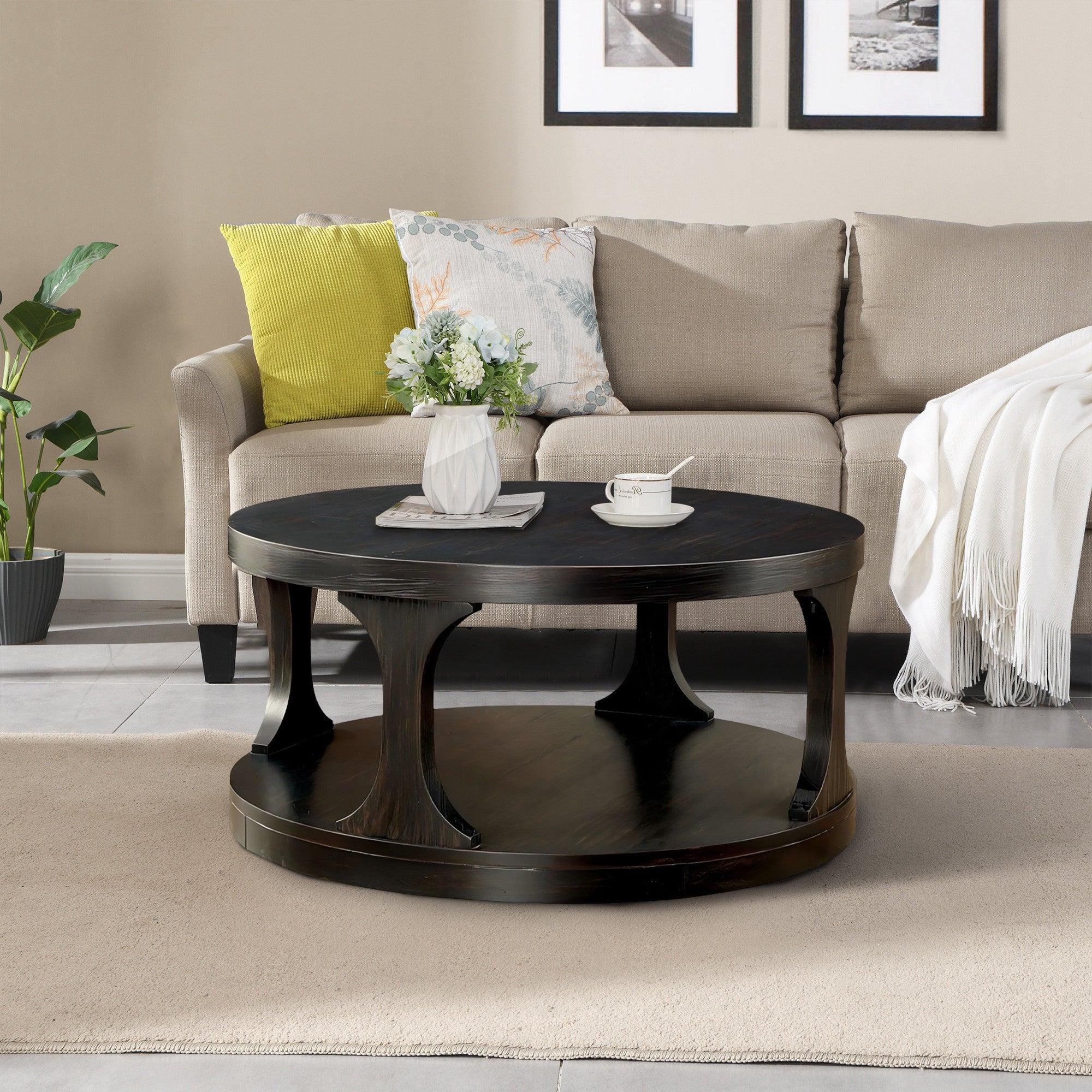 Antique Black Round Coffee Table with Open Shelf - 18 Inch Height, Sturdy Structure for Living Room, Lounge & Office Use