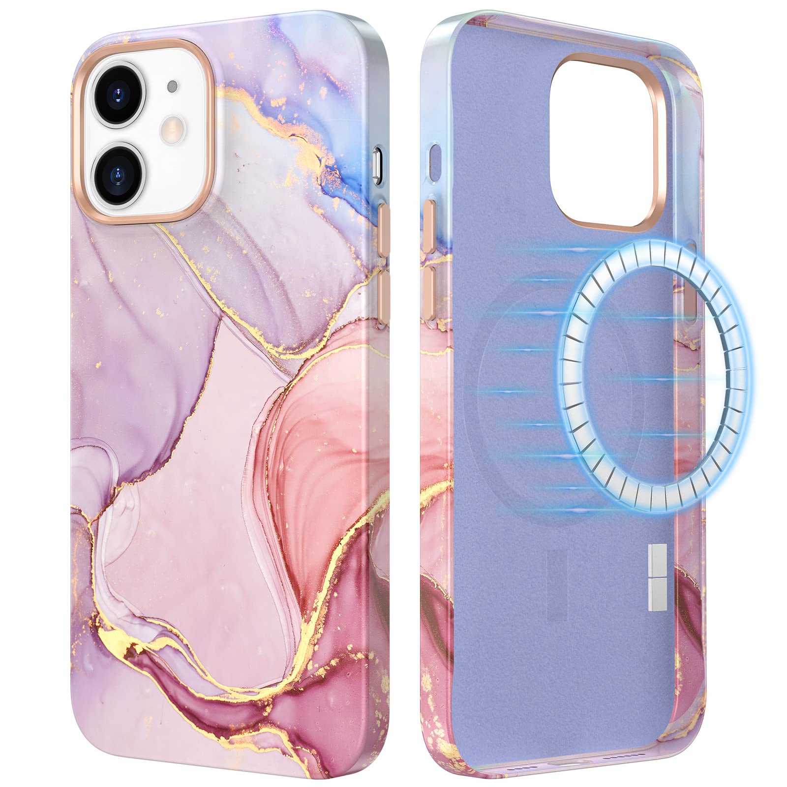 MCFANCE Marble Magnetic Case for iPhone 12 & 12 Pro - 6.1 Inch Magsafe Compatible Phone Cover with Microfiber Lining - Stylish Purple Marble Design for Women - Perfect for Work, Travel & Everyday Protection