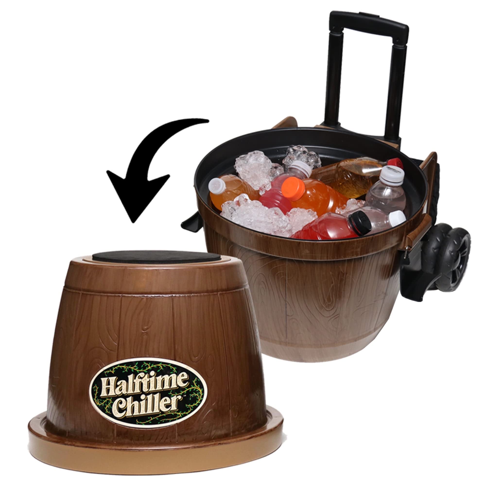 Halftime Chiller Rolling Cooler - Portable Insulated Cooler with Built-in Storage Tray, Seat, Telescoping Handle & Exterior Pockets | Perfect for Tailgating, Camping, Beach Trips & Outdoor Events