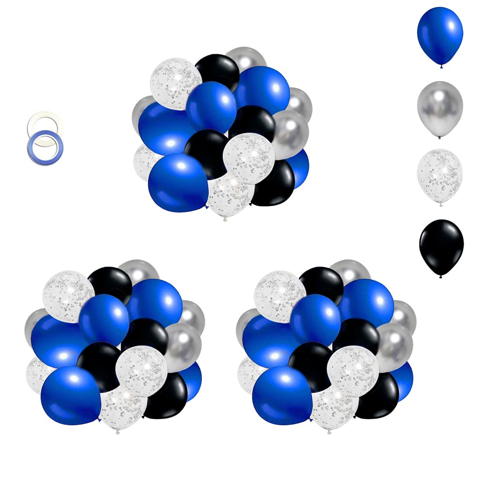 Royal Blue Black Balloons Kit - 12 Inch Blue Black Silver Balloons (55 Piece) with Navy Blue Silver Confetti - Perfect for Boy Birthday Party, Gaming Party, Baby Shower & Graduation Decorations - Great for Themed Events, Photo Backdrops and Celebration Decor