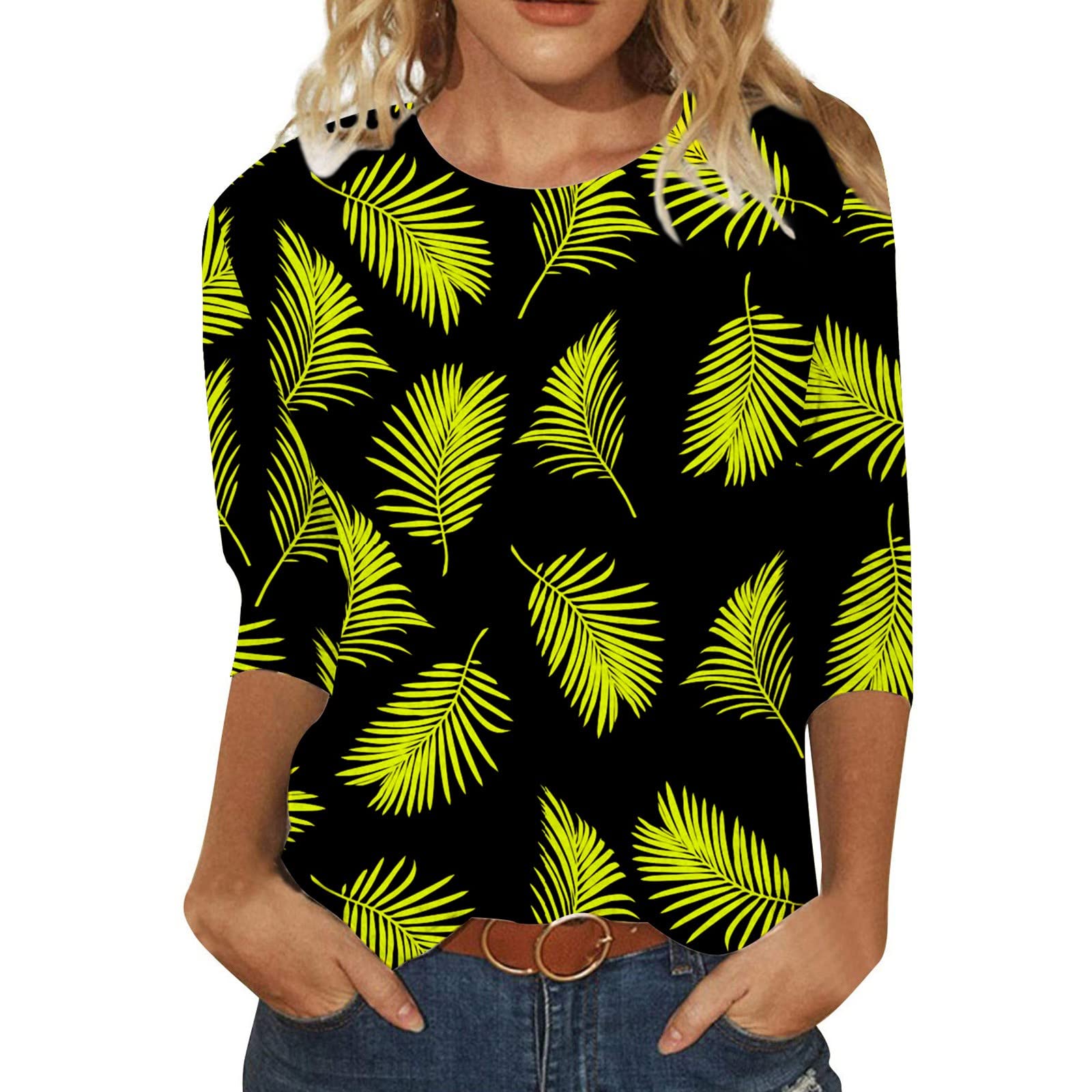 Trendy Women's 3/4 Sleeve Floral T-Shirt - Casual Crew Neck Tunic Top Tee for Everyday Wear, Office & Outings