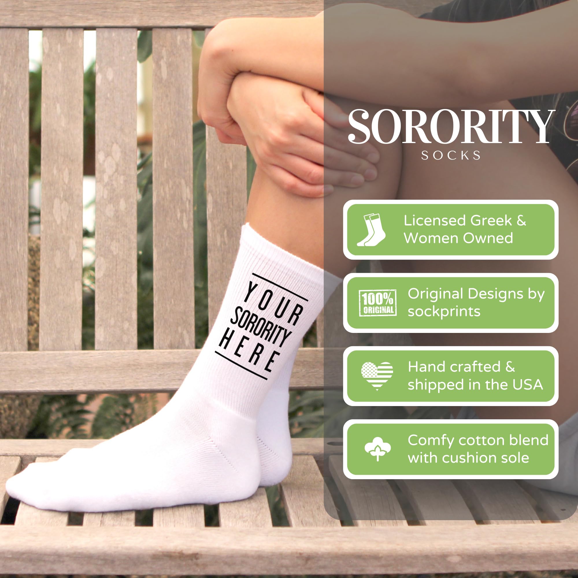Sorority Name Printed Black White Ladies Crew Socks - Comfortable Cotton Socks for College, Greek Life, and Everyday Wear