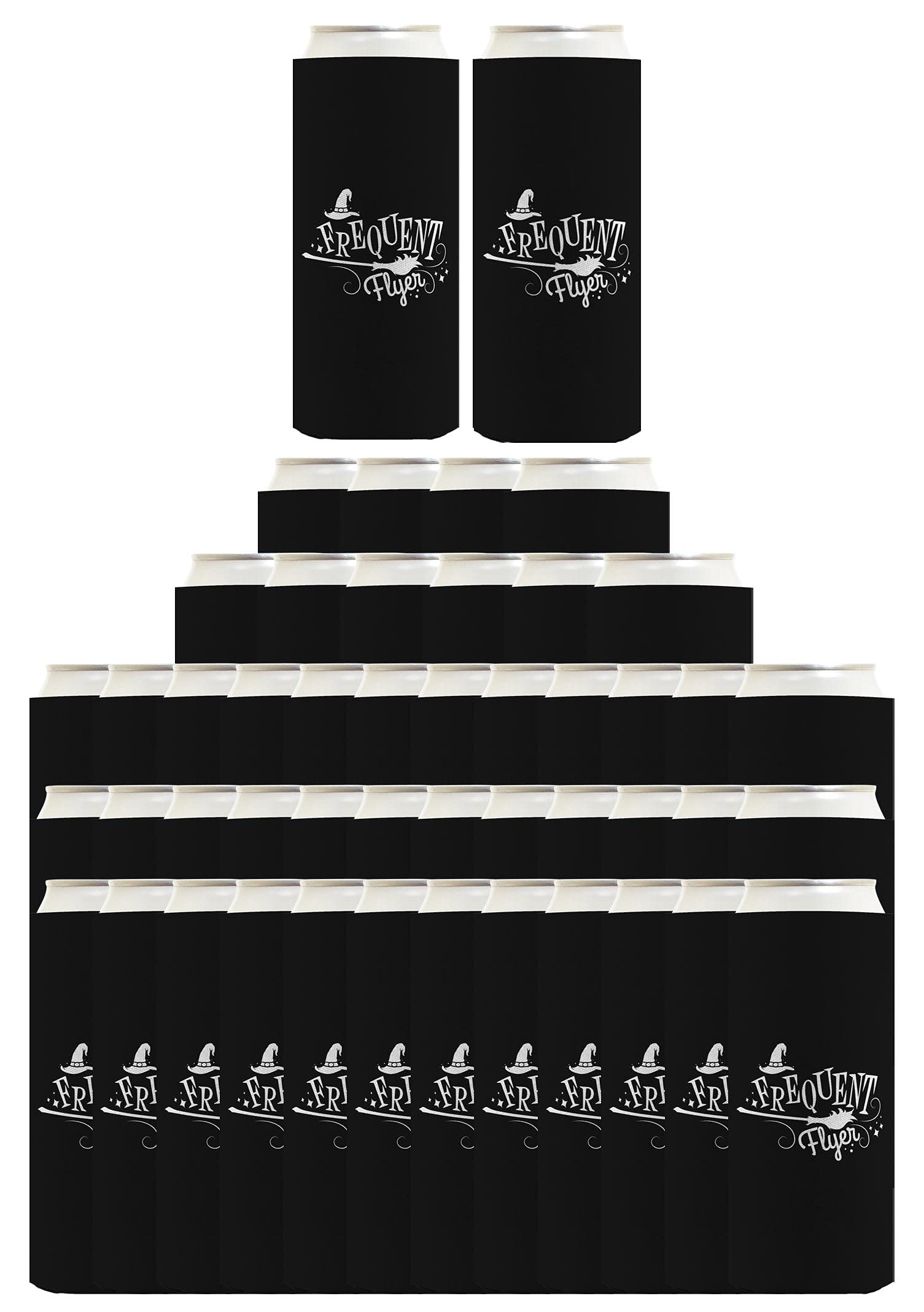 Halloween Party Decorations - 48-Pack Witches Broomstick Can Coolers for Women | Funny Frequent Flier Pun | Ultra Slim Design | Perfect for Halloween Parties, Themed Events & Gift Giving