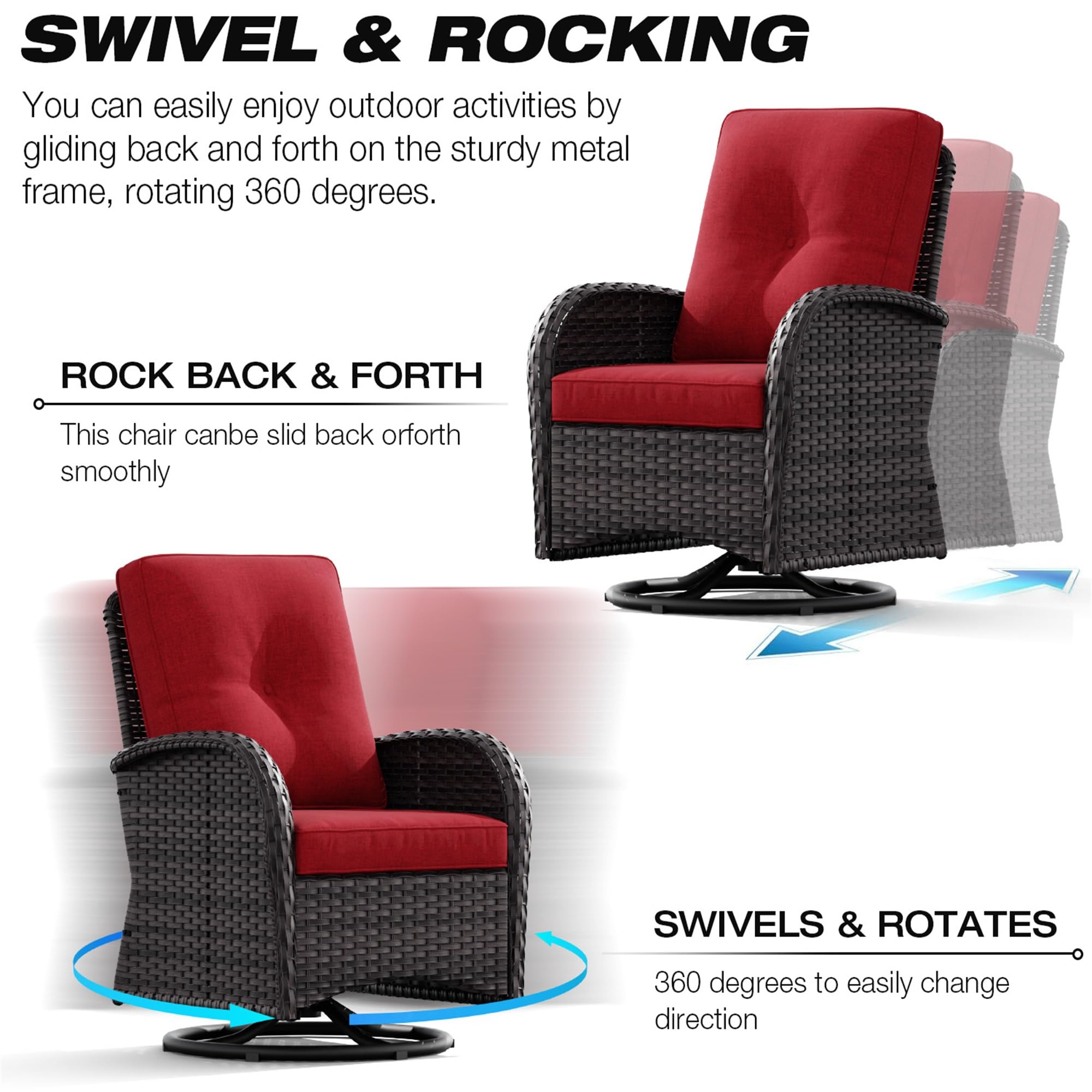 Joyside 2-Piece Patio Swivel Rocking Chair Set with Side Table - Outdoor Wicker Swivel Rocker Chairs for Porch, Deck, Garden & Backyard - Brown/Red 3-Piece Patio Furniture Set for Relaxing & Entertaining