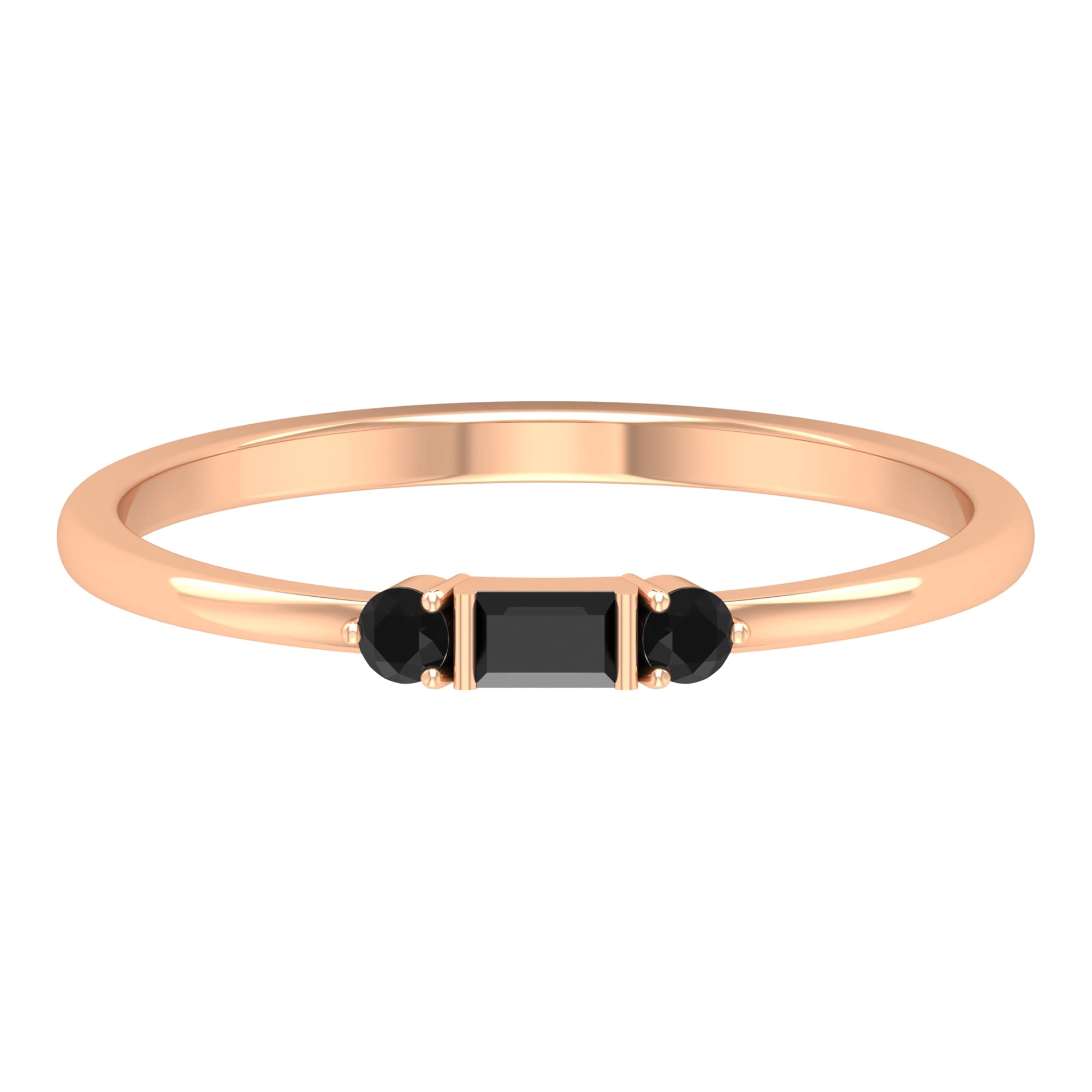 14K Solid Gold Black Onyx Three Stone Ring - Minimalist Baguette & Round Cut Stackable Ring for Women | Elegant Jewelry for Weddings, Parties & Everyday Wear