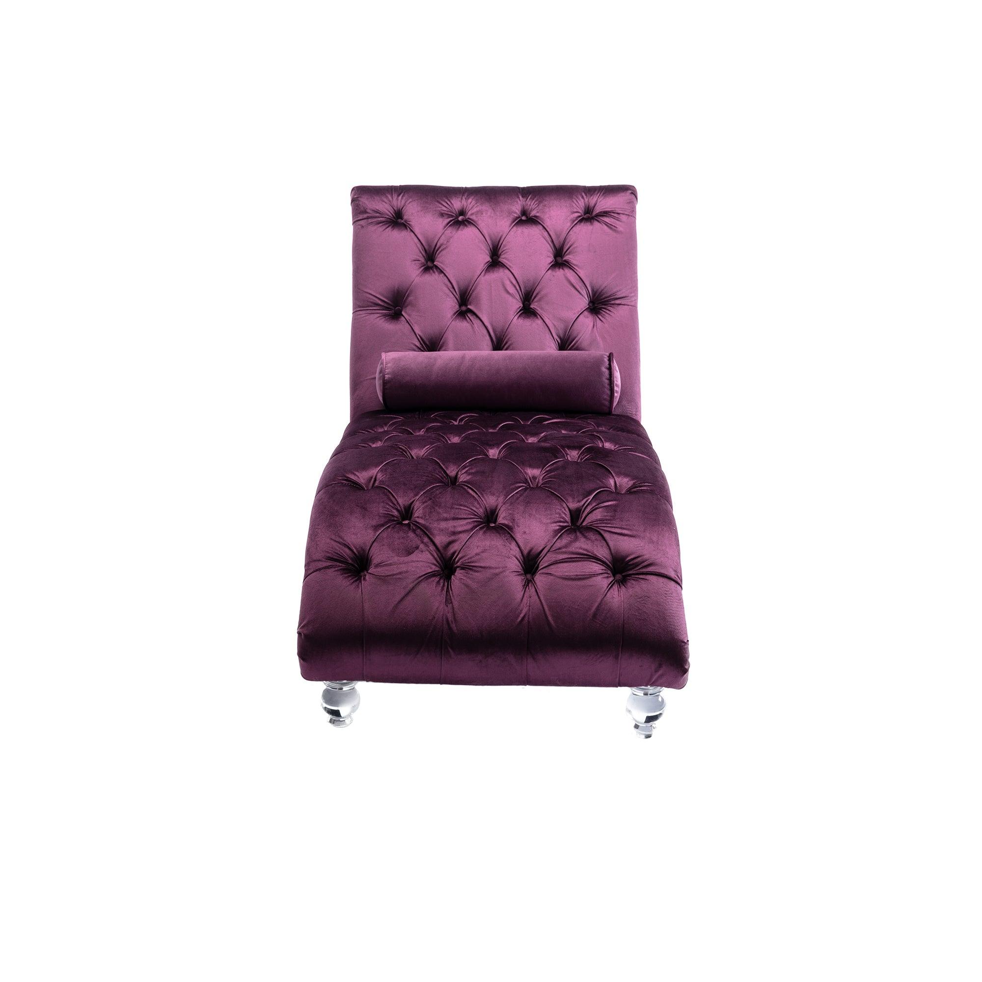 Luxury Velvet Chaise Lounge Chair - Button Tufted Upholstered Sofa with Pillow for Bedroom, Living Room & Office - Elegant Purple Velvet Chaise - Perfect for Relaxing, Reading & Home Decor