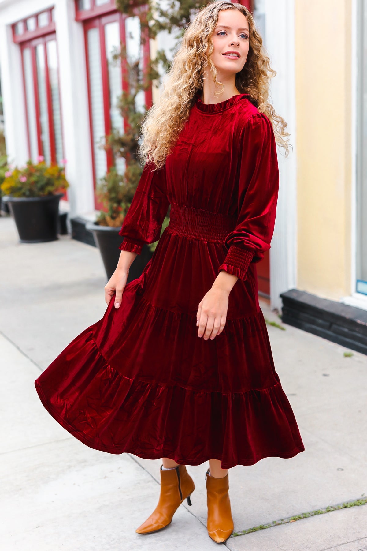 Burgundy Velvet Mock Neck Smocked Waist Dress for Women - Elegant Holiday Party & Christmas Dinner Outfit