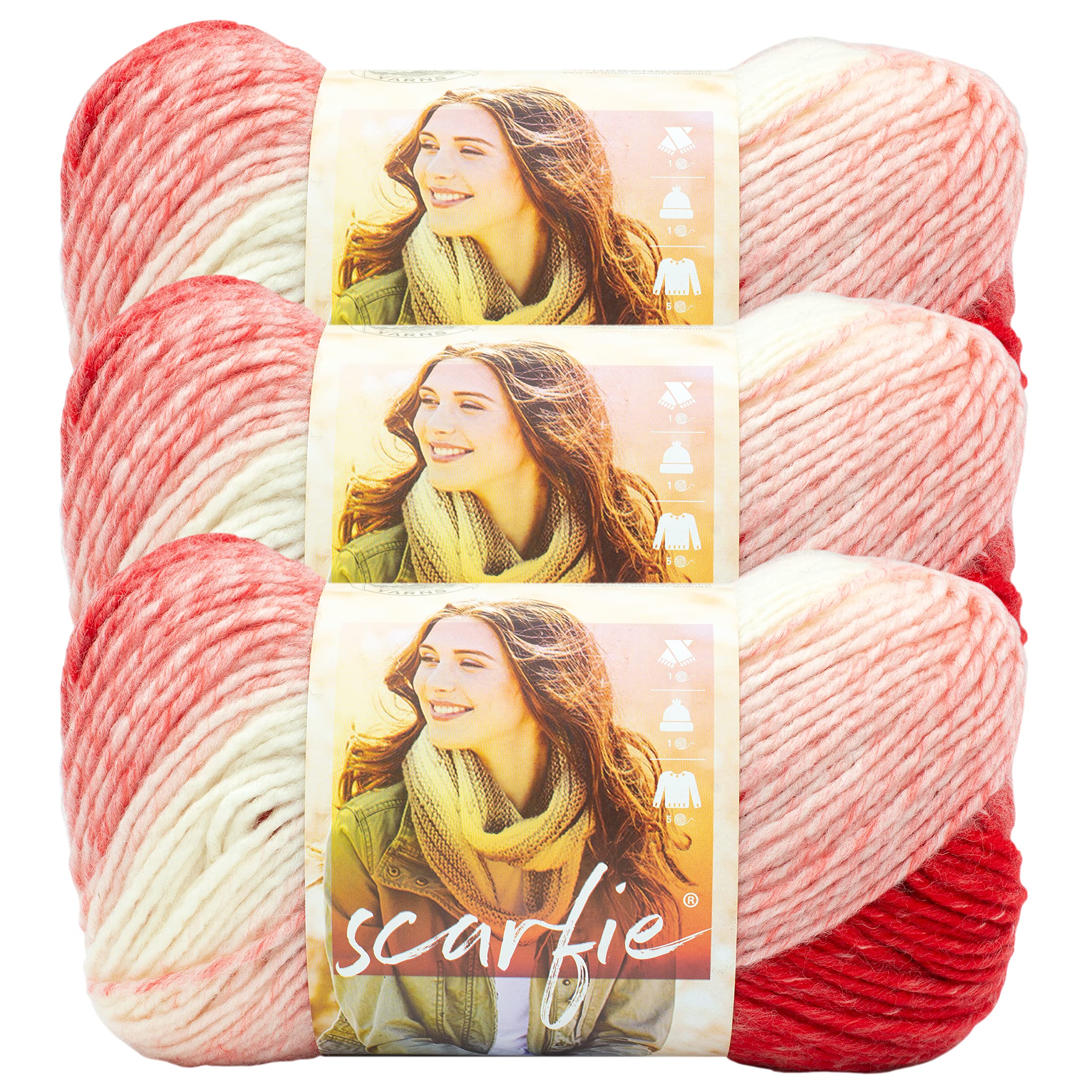 (3 Pack) Lion Brand Yarn Scarfie Yarn - Soft Ombre Acrylic Knitting & Crochet Yarn - Red/Cream Color - Perfect for Scarves, Hats, and DIY Crafts