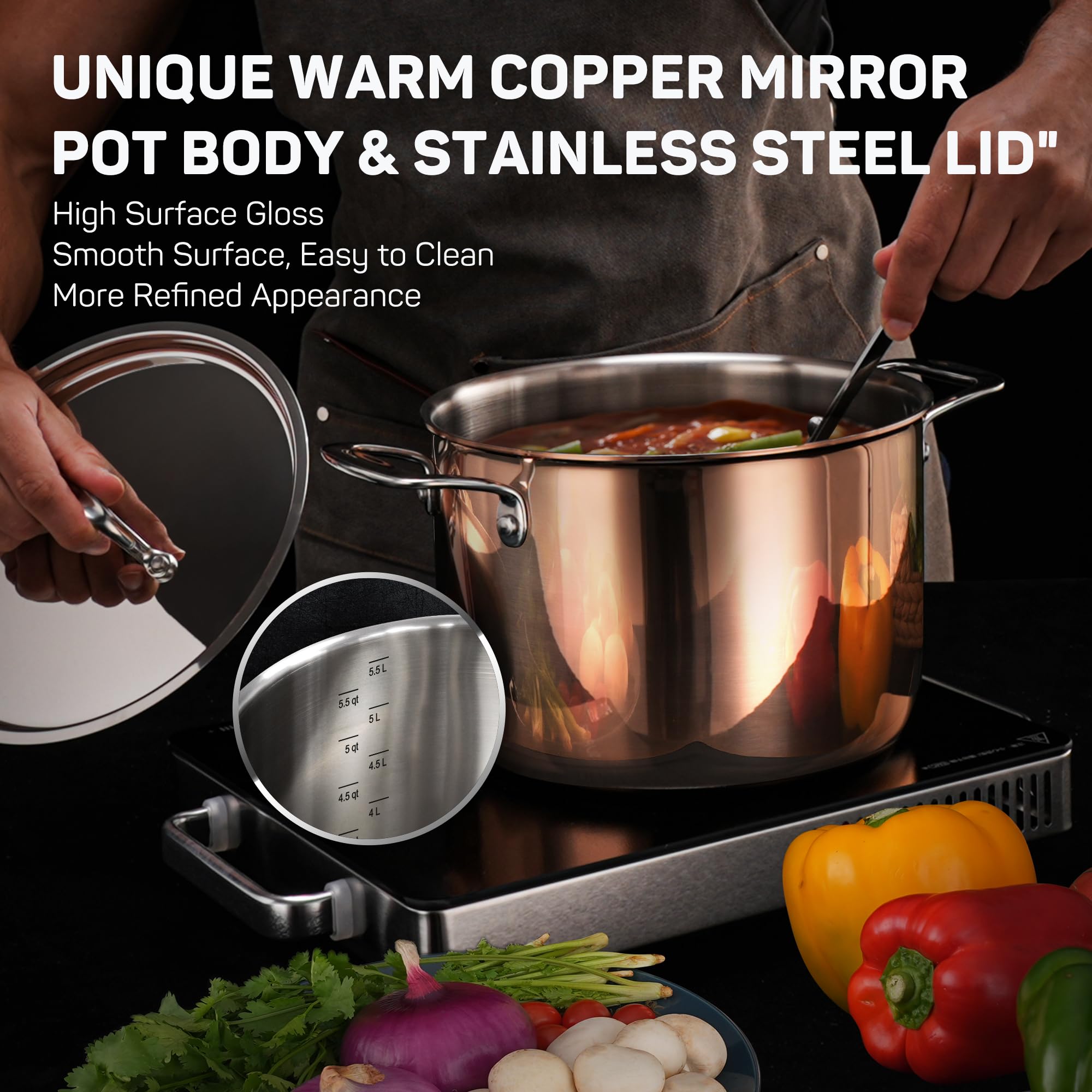 Premium 10-Piece Tri-Ply 18/10 Stainless Steel Cookware Set with Copper Core - Induction Compatible Pots & Pans Set Includes Stock Pot, Saucepan, Frying Pan with Stainless Steel Lids - Professional Kitchen Cookware for Home Chefs, Restaurants & Gourmet Cooking