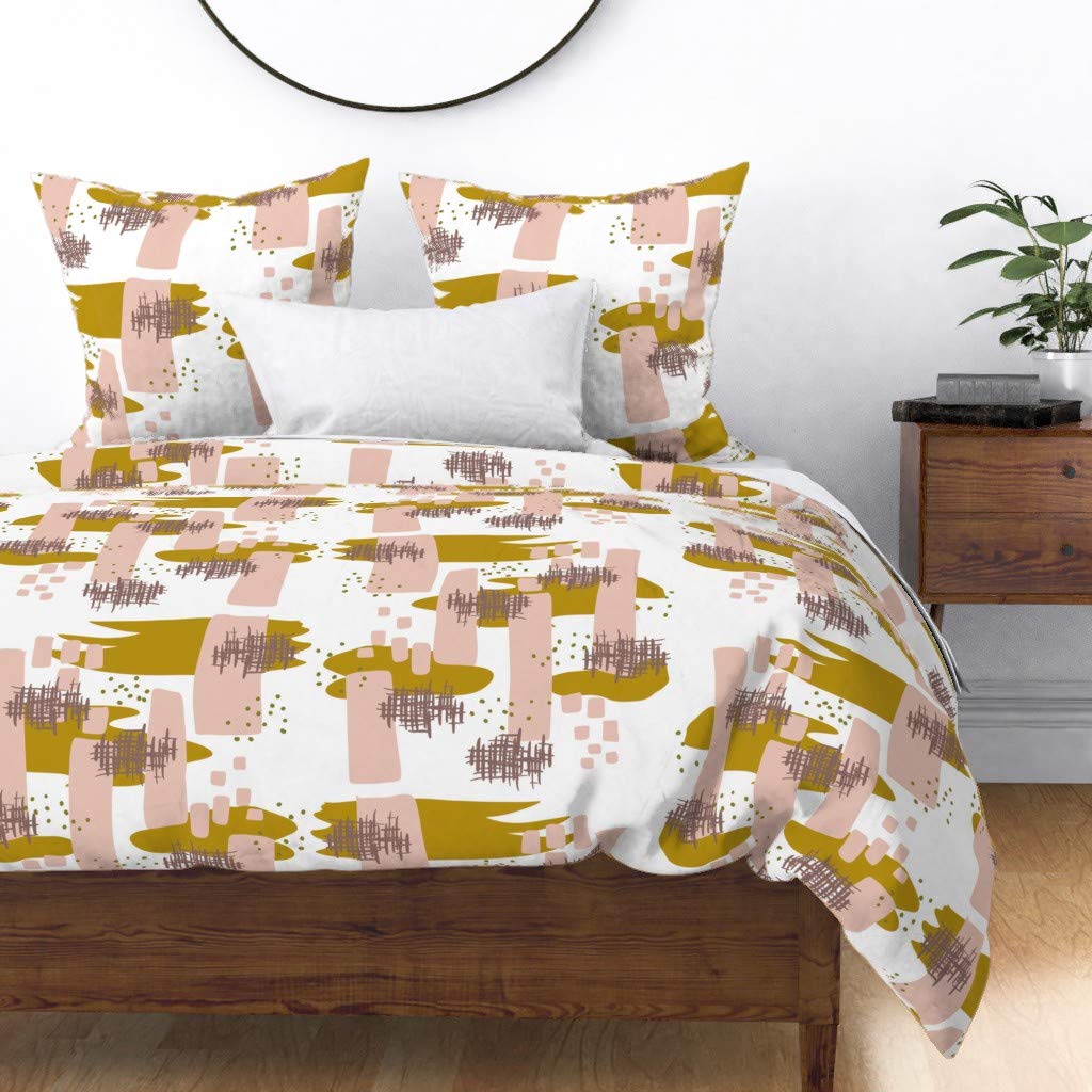 Soft Cotton Sateen Duvet Cover Twin Size - Pink & Olive Abstract Watercolor Print with Green Polka Dots | Custom Bedding by Spoonflower | Perfect for Bohemian Bedrooms & Guest Room Decor